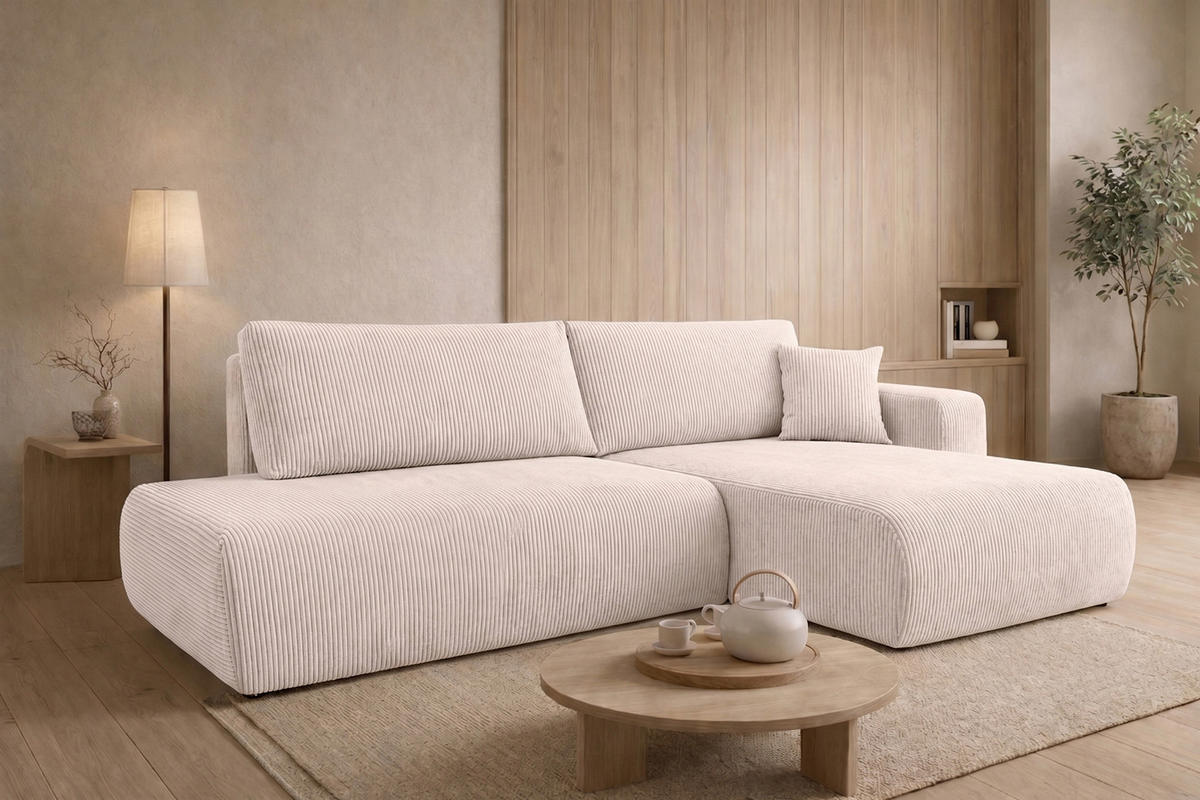 ECKSOFA Mit Schlaffunktion Und Bettkasten, Cordstoff Poso, Beige, Rechts, OPEN XL - Creme, Holz (262/145cm) - Kaiser Möbel