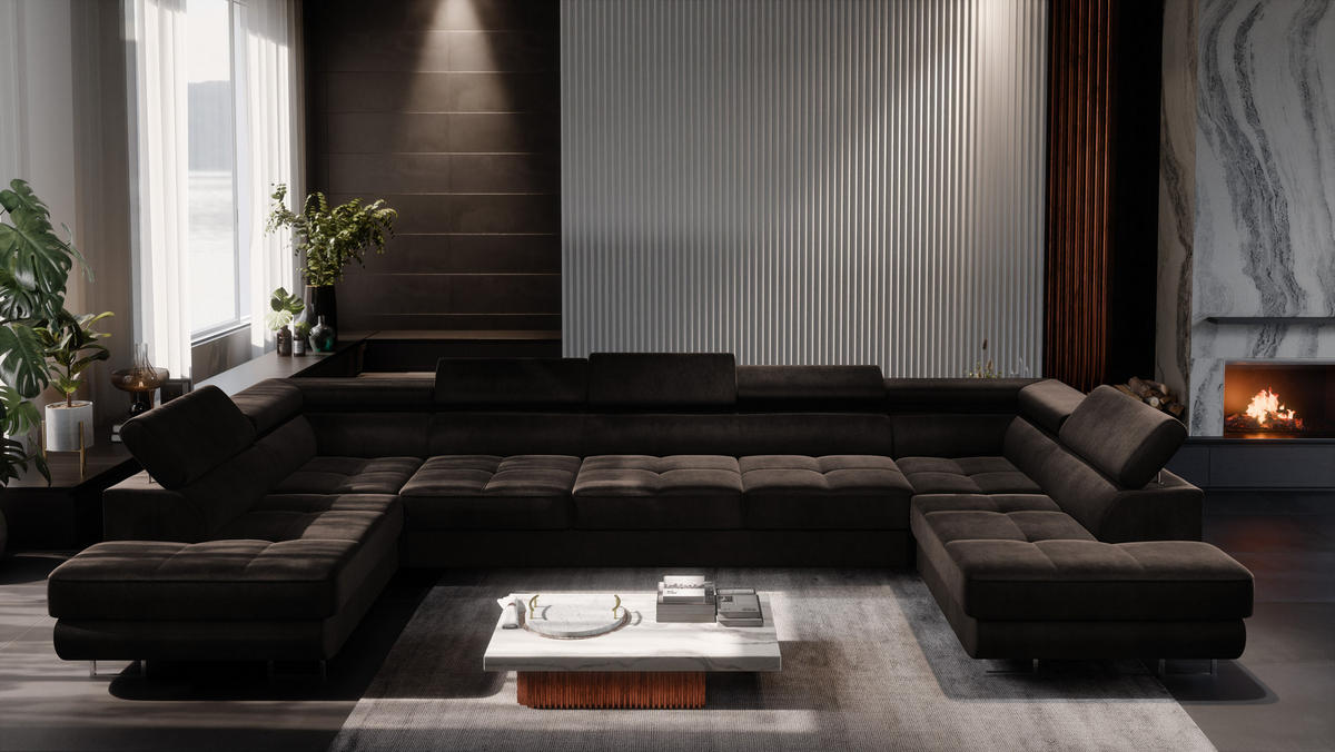 ECKSOFA U-Form WILD MAXI U2 mit Schlaffunktion 125x329 Velours Braun - Chromfarben/Braun, Holz/Textil (400/90/203cm) - Muffo