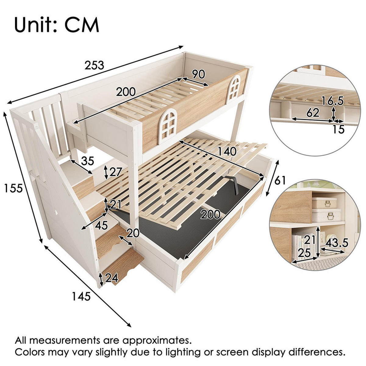 ETAGENBETT 90x200 und 140x200 cm mit hydraulischem Stauraum,ohne Matratze - Naturfarben, Holz (140/200cm) - KOMHTOM