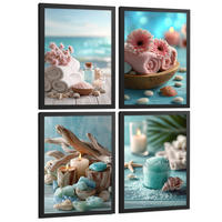 POSTER 4er-Set Badezimmer-Wandposter, Strand-Spa-Poster für Waschbecken, Dusche, WC mit Muscheln, Kerzen, Handtüchern und Meersalz Schwarzer Rahmen A4 - Schwarz, Papier (29.7/21/3cm) - Nacnic
