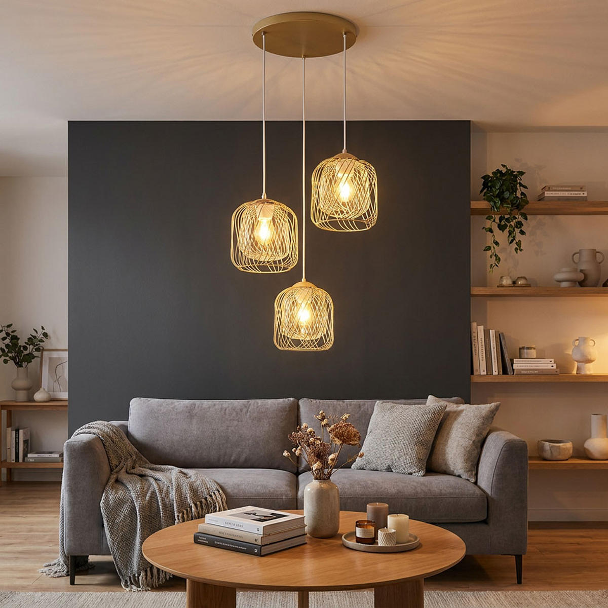 LED PENDELLEUCHTE DICHTI Metall Sand 3-flammig - Bernsteinfarben, Glas (39.4/39.4/150cm) - Globo Lighting
