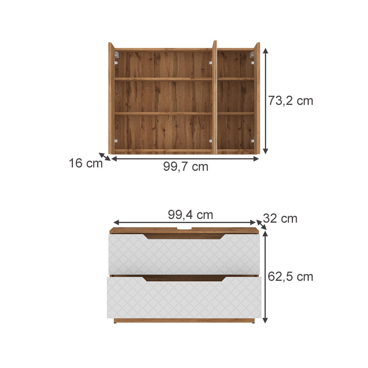 BADMÖBEL-SET Lotta Eiche/Weiß mit Kachelstruktur 2 Teile - Eichefarben/Weiß, Holzwerkstoff (99.4/62.5/32cm) - Vicco