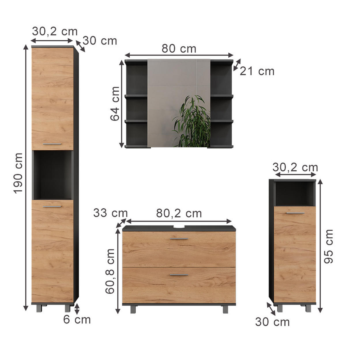 KOUPELNOVÝ NÁBYTEK Ilias Zlatý dub power/antracit - medově dubová, kompozitní dřevo (80.2/60.8/33cm) - Vicco