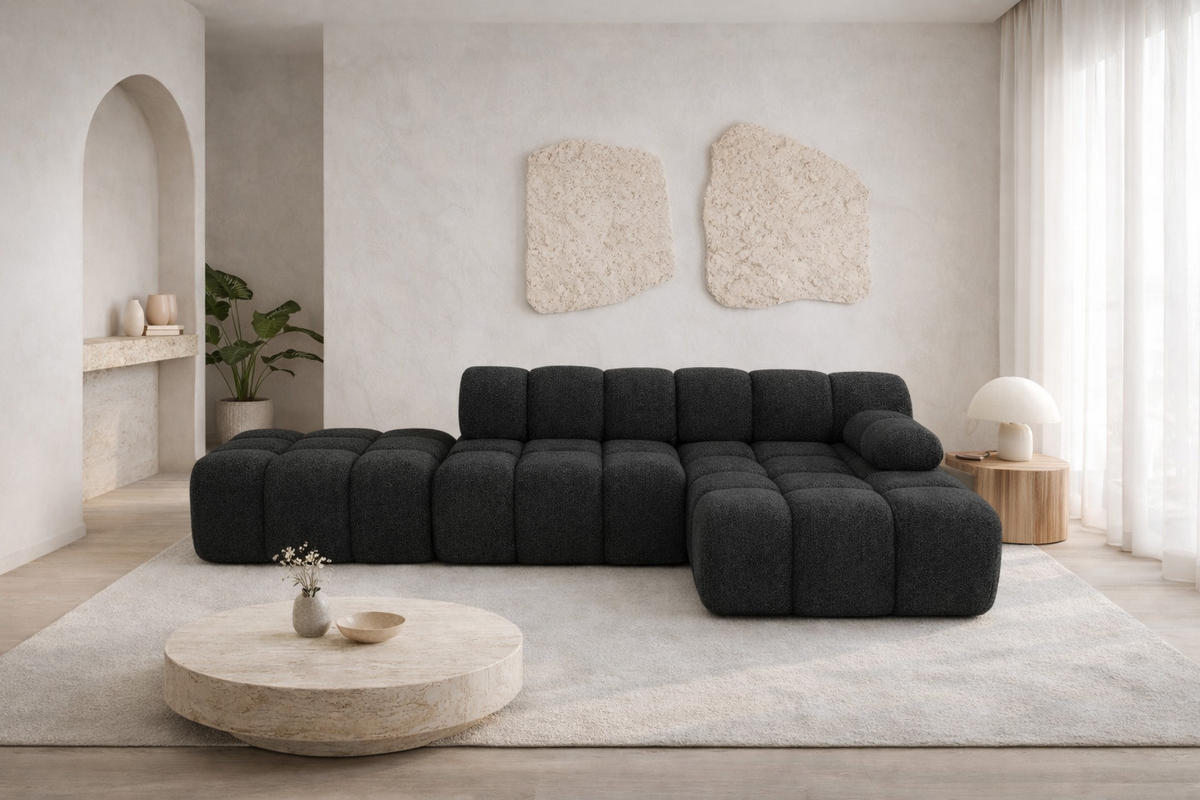 ECKSOFA L-Form Modular Mit Hocker, Bouclé-Stoff Abriamo, Graphit, Rechts, Selia - Graphitfarben, Holz (285/160cm) - Kaiser Möbel