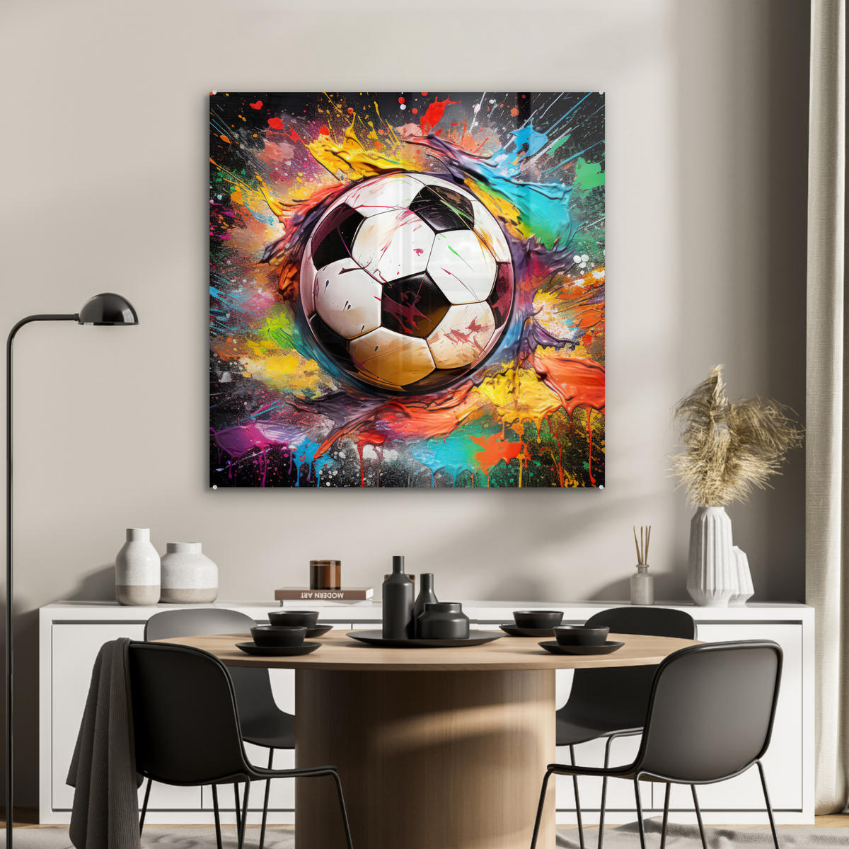 ACRYLGLASBILD Fußball - Farbe - Farben - Schwarz - Weiß 90x90 cm - Weiß, Glas (90/90cm) - MuchoWow