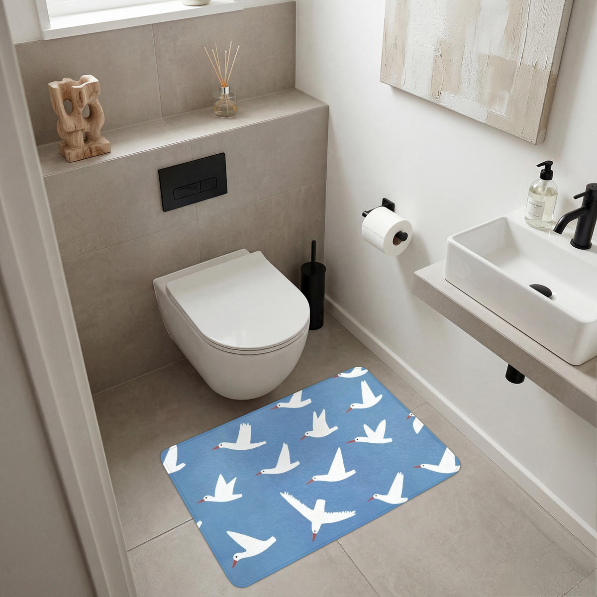 BADEMATTE Vögel - Weiß - Muster 90x60 cm - Blau, Kunststoff/Textil (90/60cm)