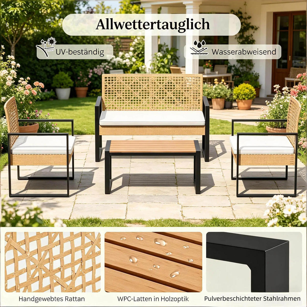GARTENMÖBEL-SET Naturholz 4-teilig inkl. Couchtisch & abnehmbaren Polstern - Naturfarben, Naturmaterialien - PANGIVO