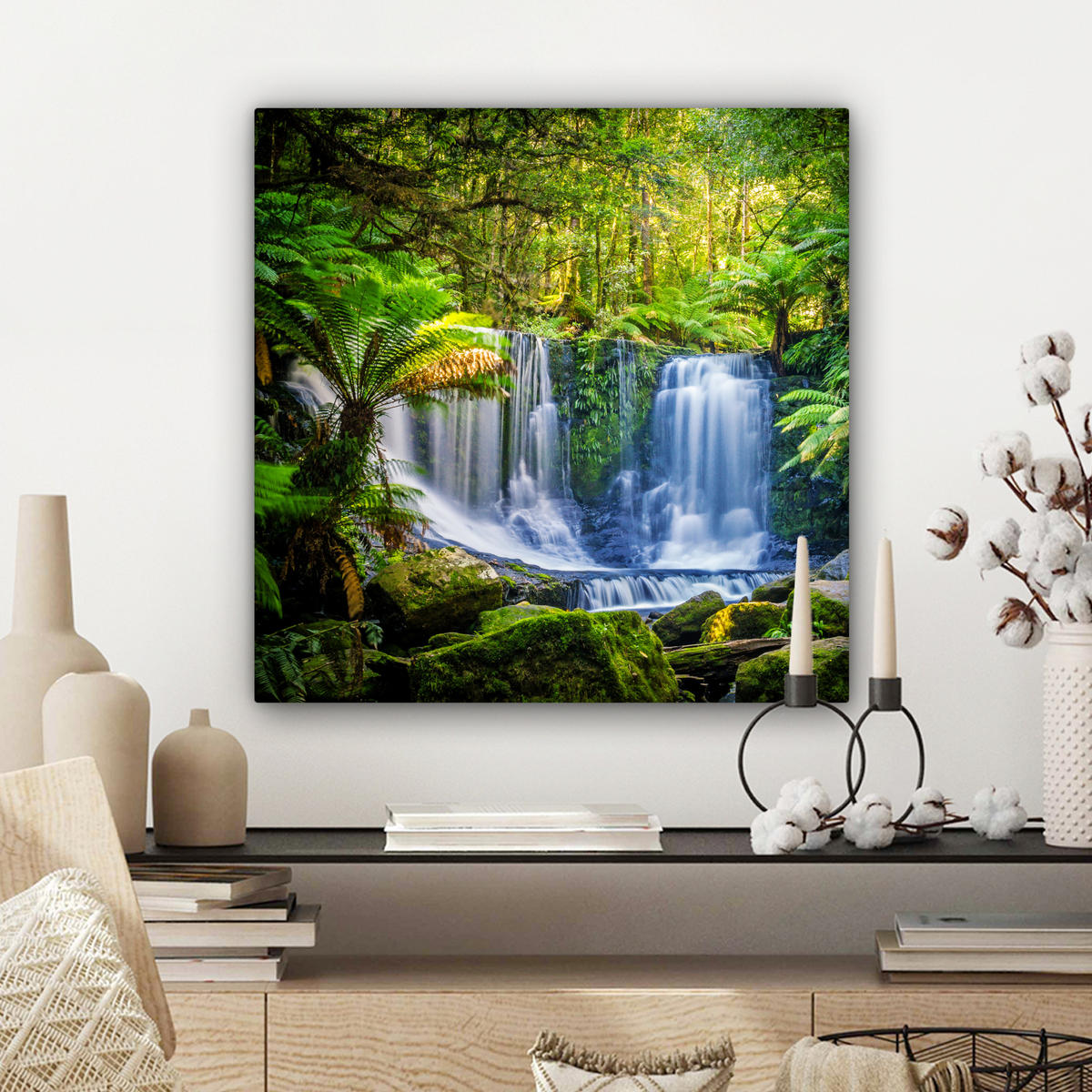 LEINWANDBILD Dschungel - Wasserfall - Australien - Pflanzen - Natur Wandbild Wohnzimmer 50x50 cm - Dunkelgrün, Textil (50/50cm) - MuchoWow