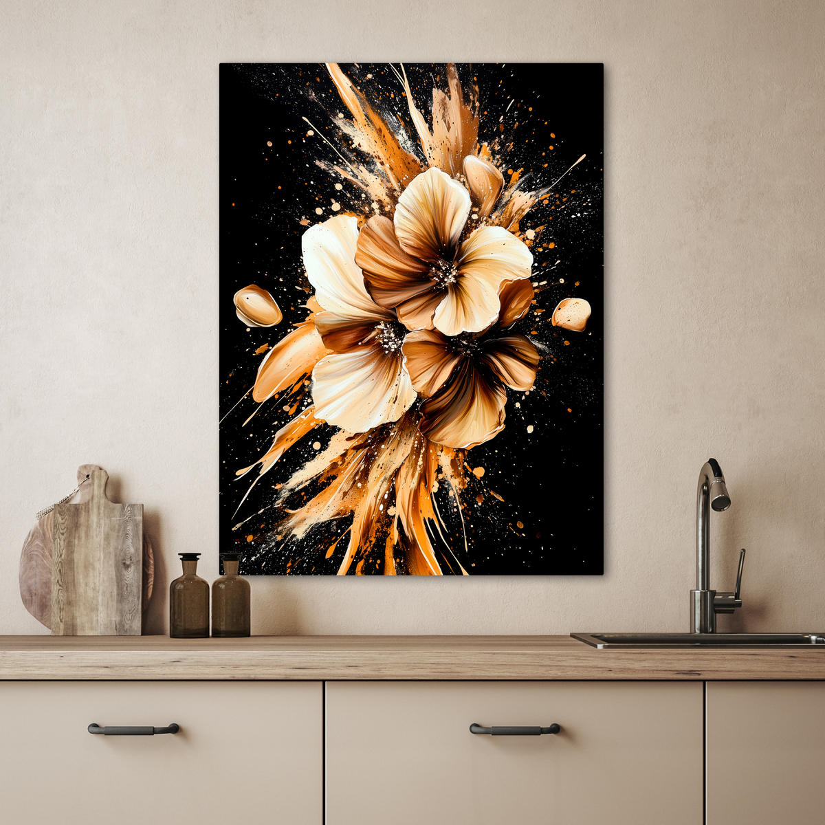 LEINWANDBILD Blumen - Gold - Graffiti - Schwarz - Abstrakt 60x80 cm - Cappuccino, Textil (60/80cm) - MuchoWow