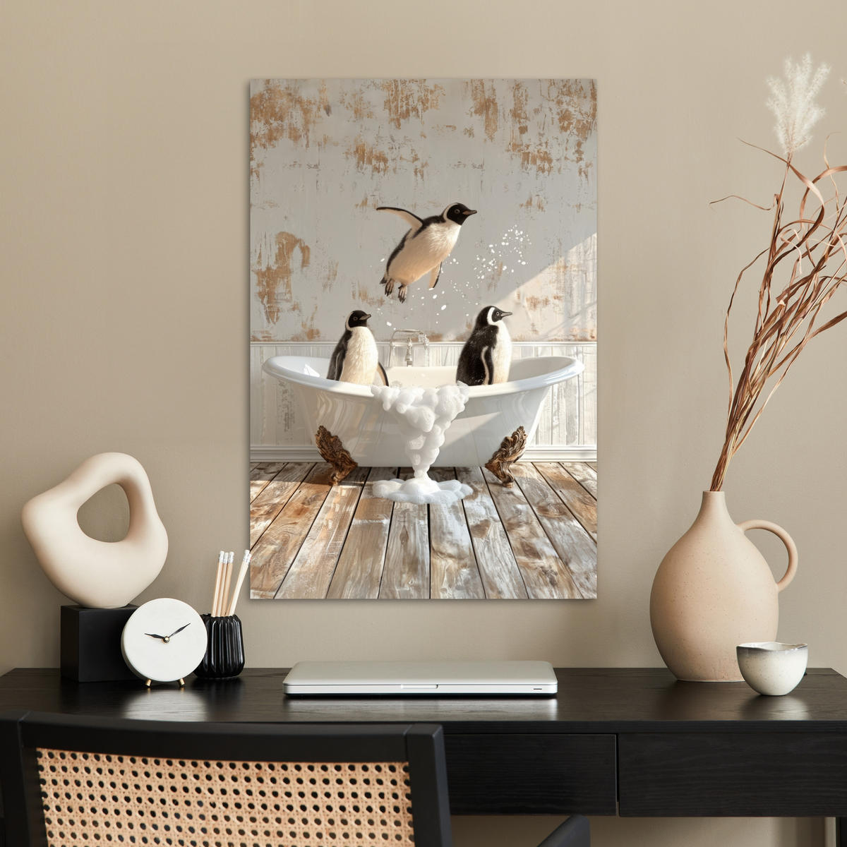 POSTER Vintage - Pinguin - Badewanne - Schaumstoff 40x60 cm - Schwarz, Papier (40/60/0.1cm) - MuchoWow