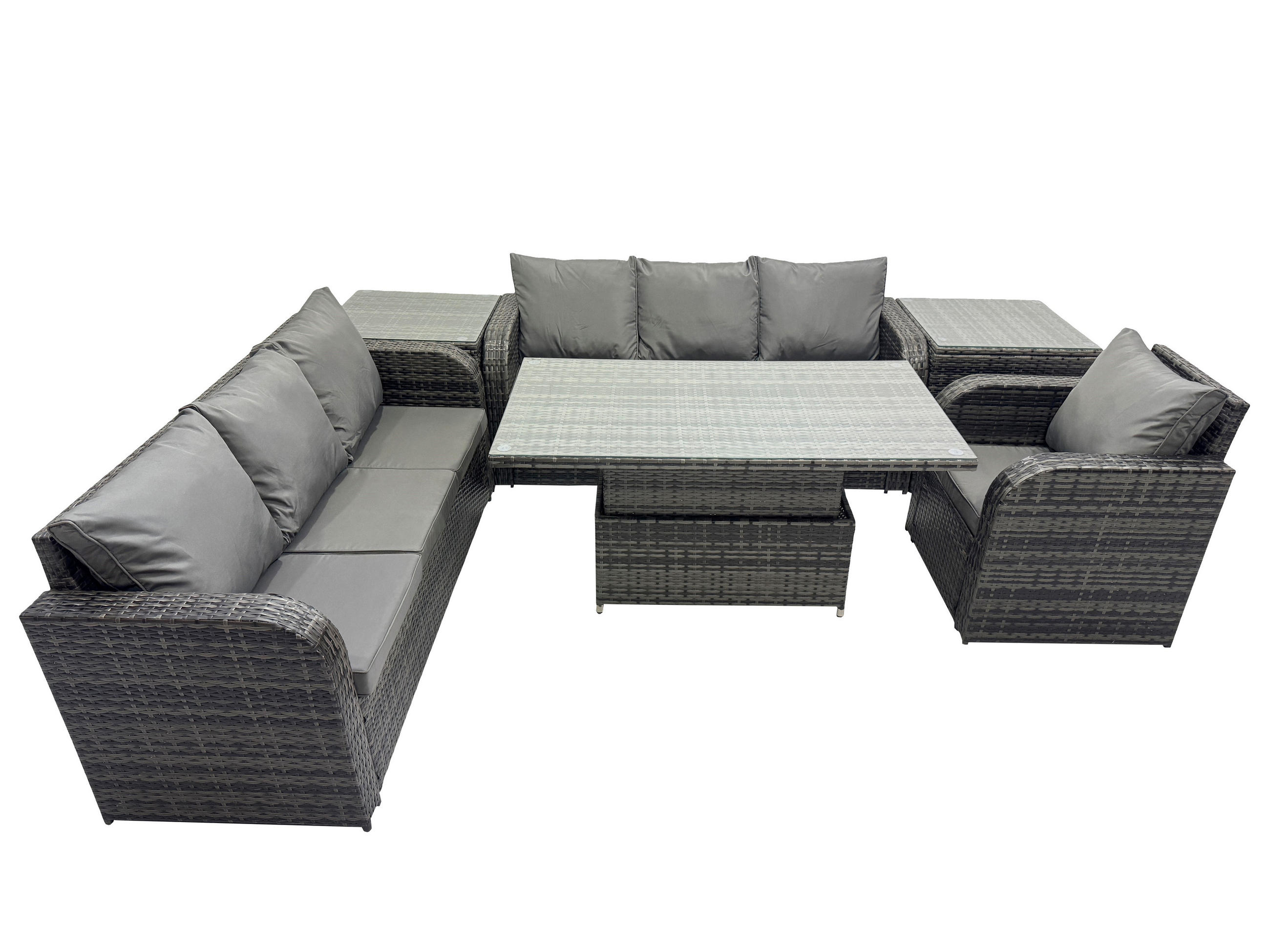 GARTENMÖBELSET mit 2 Beistelltisch Höhenverstellbarer Esstisch 7-Sitzer Grau - Dunkelgrau/Grau, Glas/Kunststoff - Fimous