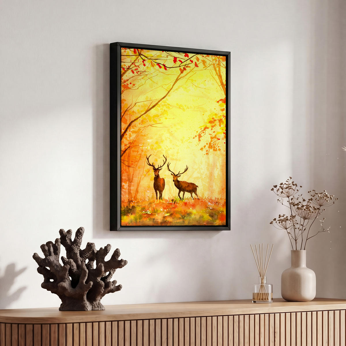 LEINWAND Bilder mit Rahmen - Natur - Ölfarbe - Hirsche - Tiere - Herbst - Orange - 20x30 - Orange, Textil (20/30cm) - MuchoWow