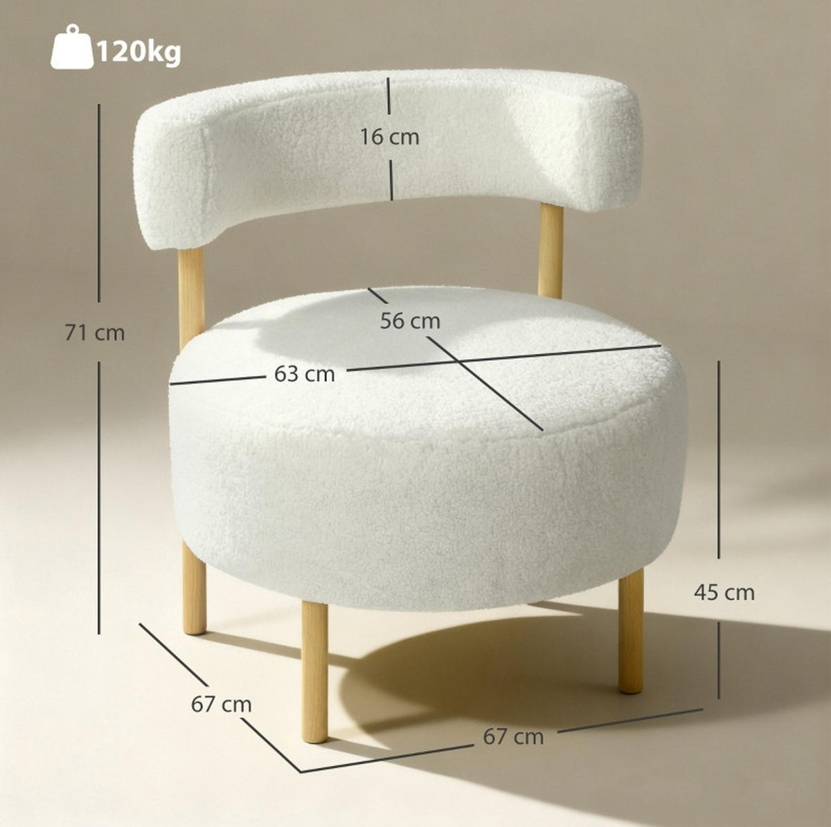 SESSEL 67/67/71 cm in Cremeweiß mit Sherpa-Fleece und Metallbeinen - Creme, Kunststoff (67/71/67cm) - BEAOK