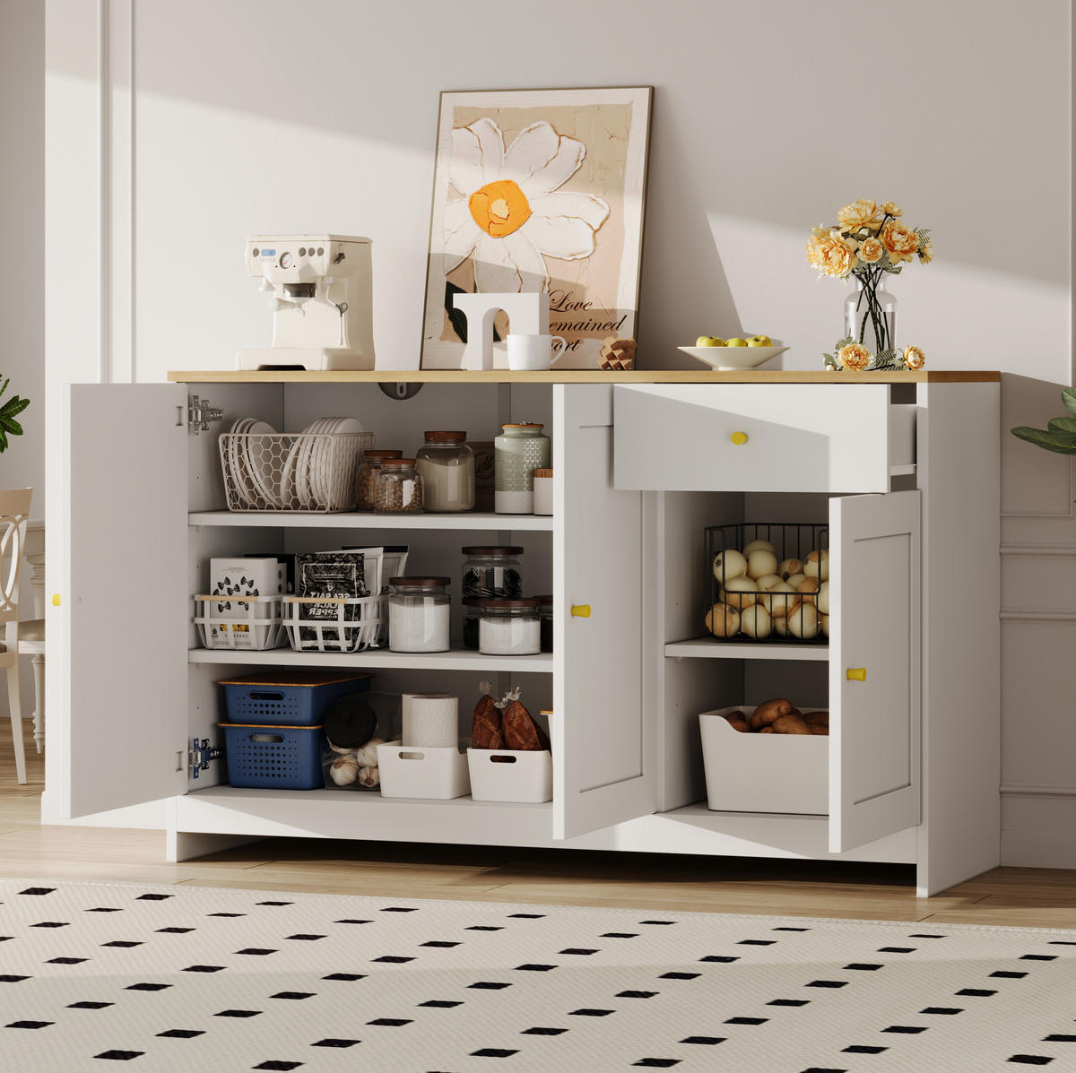 SIDEBOARD aus MDF und Spanplatte 120x40x75 cm Weiß/Natur mit 3 Türen, Schublade und verstellbaren Einlegeböden - Weiß, Holzwerkstoff (120/75/40cm) - Modfu