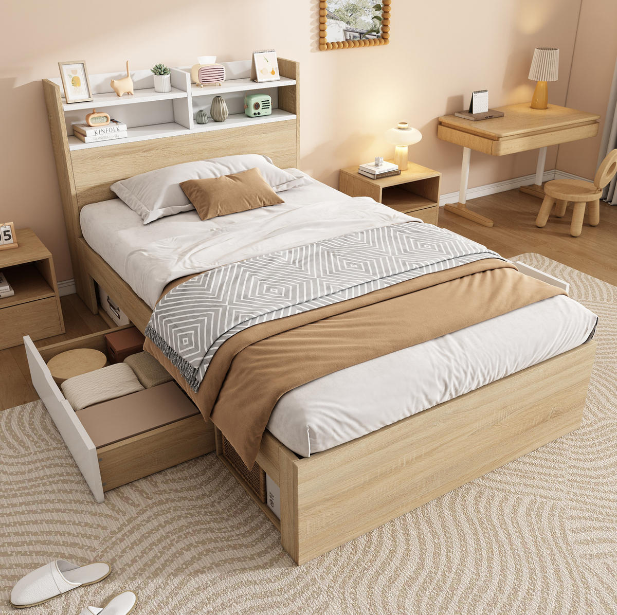EINZELBETT 90/200 cm mit Kopfteil-Ablage, 2 Schubladen und offenen Fächern aus Holz, Weiß/Eiche - Weiß, Holzwerkstoff (90/200cm) - Redom