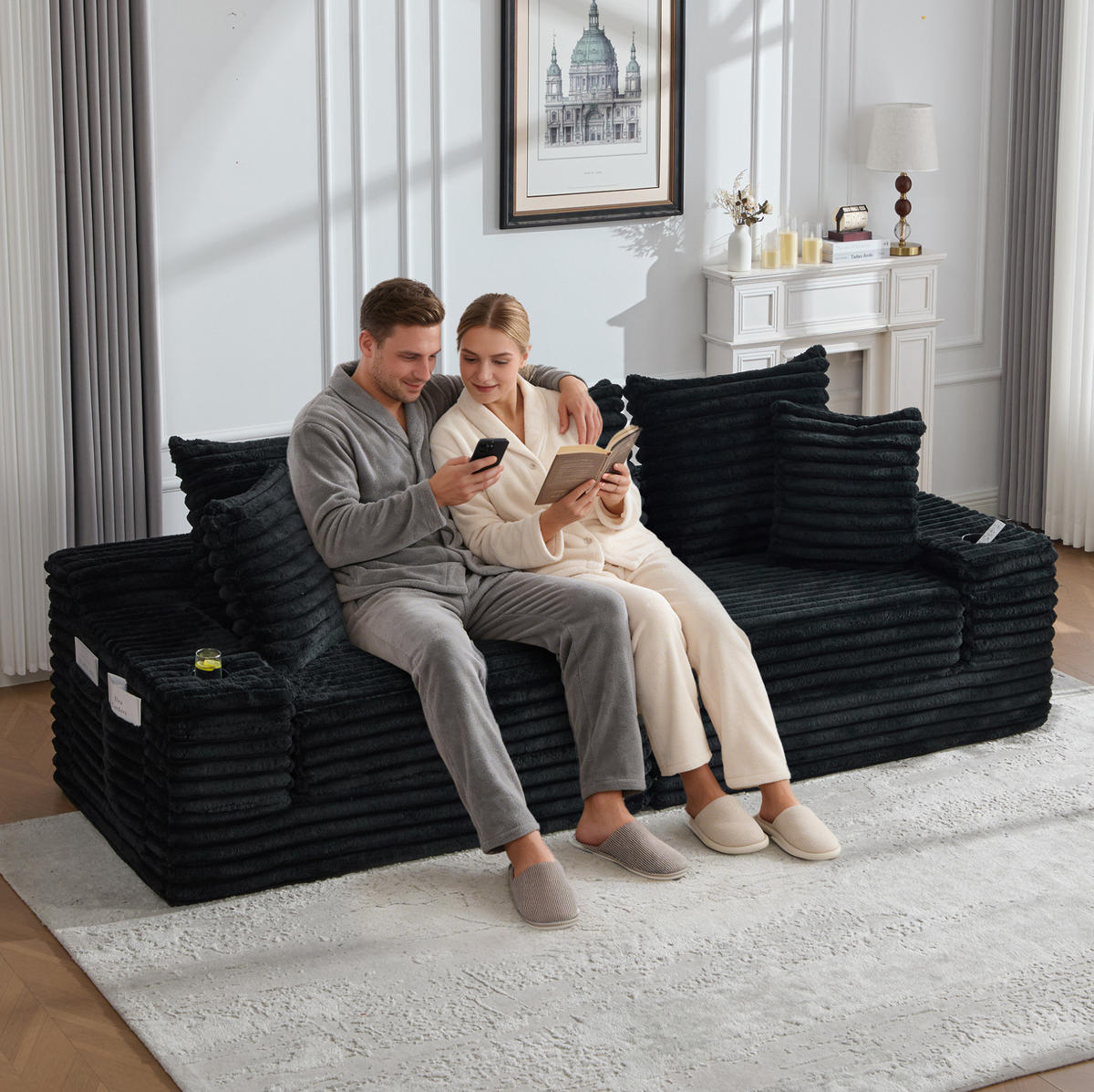 SOFA mit Schlaffunktion 273 x 98 x 87 cm Cord Black - Schwarz, Kunststoff (38.58/34.25/107.48cm) - Meubliv