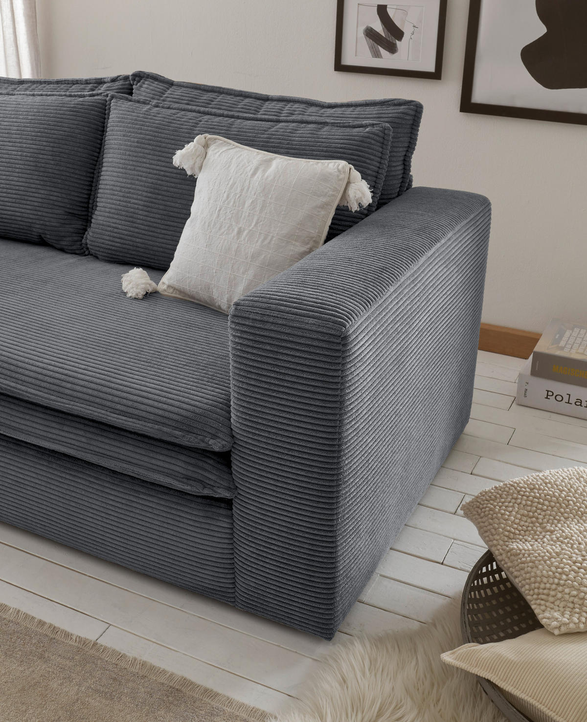 SOFA grau Cord, Couch 2-Sitzer 180 cm - Beige/Grau, Holz/Textil (180/83/91cm) - Furn.Design