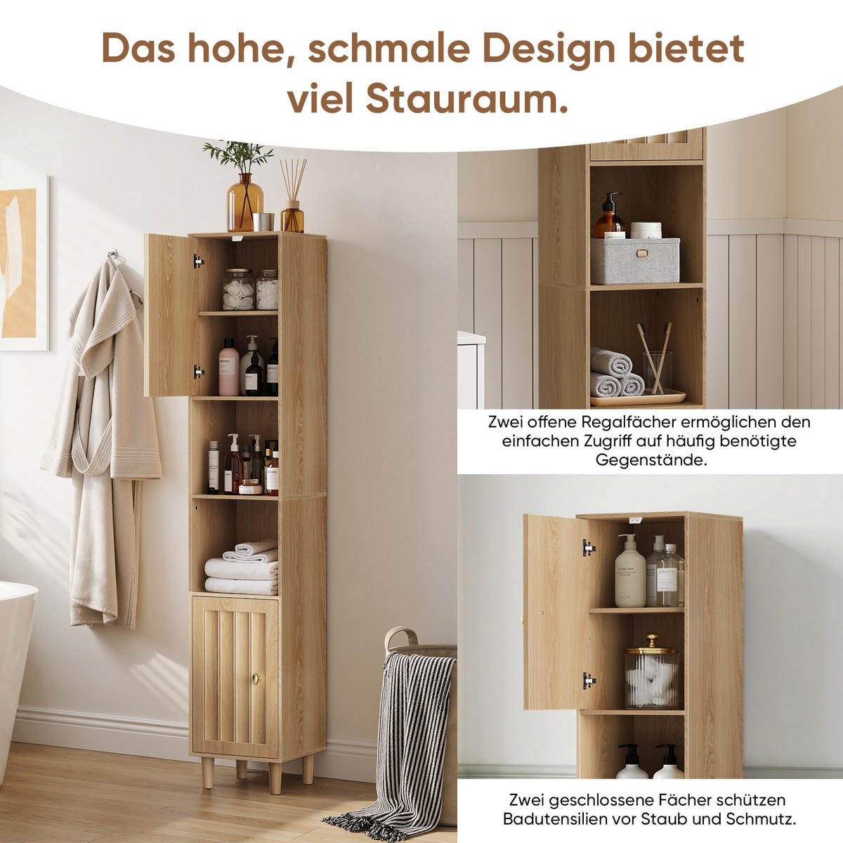 HOCHSCHRANK Bad 32/30/169 cm Eiche Optik mit Türen und offenen Regalen - Naturfarben, Holz (32/160/30cm) - PARAFTA HOME