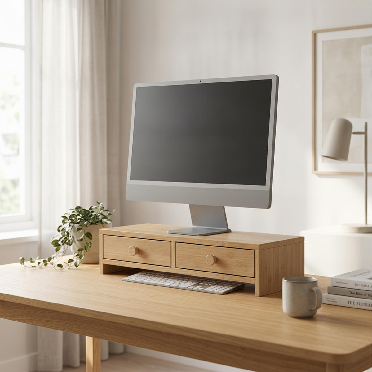 MONITORSTÄNDER Braun Holzoptik MDF 2 Schubladen - Hellbraun, Holzwerkstoff (18/47/12.5cm) - Relaxdays