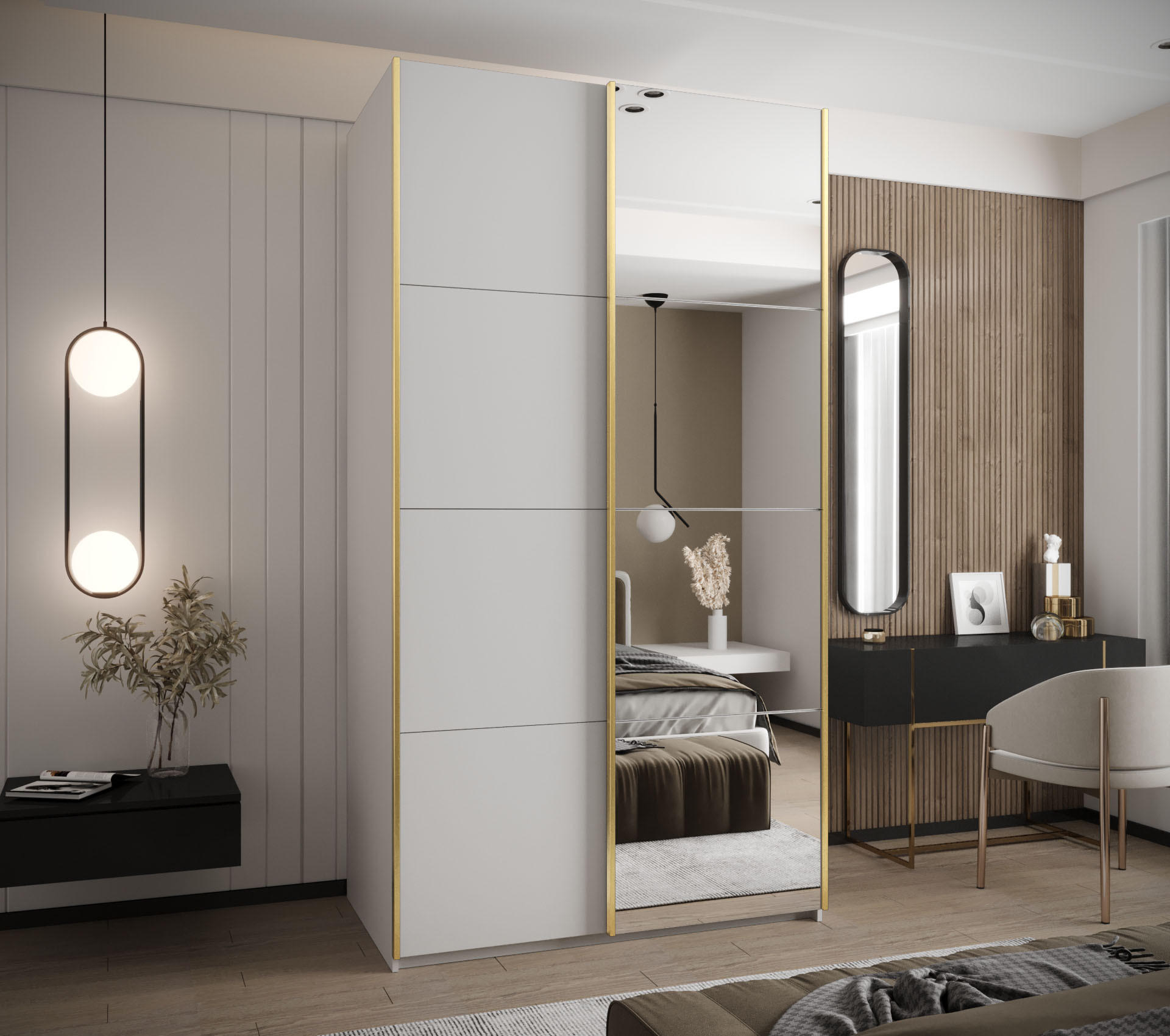 SCHWEBETÜRENSCHRANK 245,5/140/64 2-türig - Goldfarben/Weiß, Holz/Metall (140/245/64cm) - Abiks Möbel