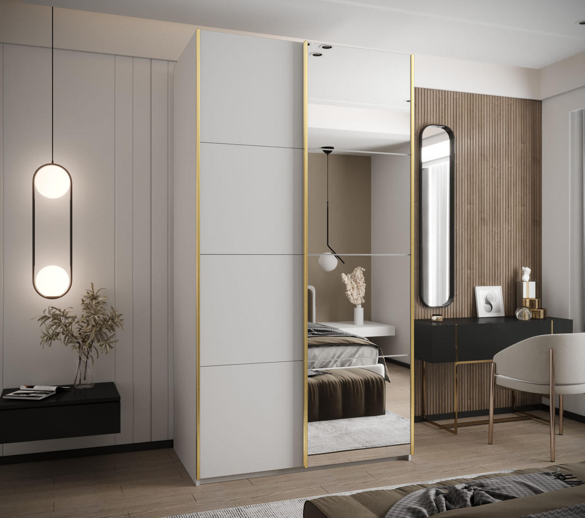 SCHWEBETÜRENSCHRANK 245,5/140/64 2-türig - Goldfarben/Weiß, Holz/Metall (140/245/64cm) - Abiks Möbel