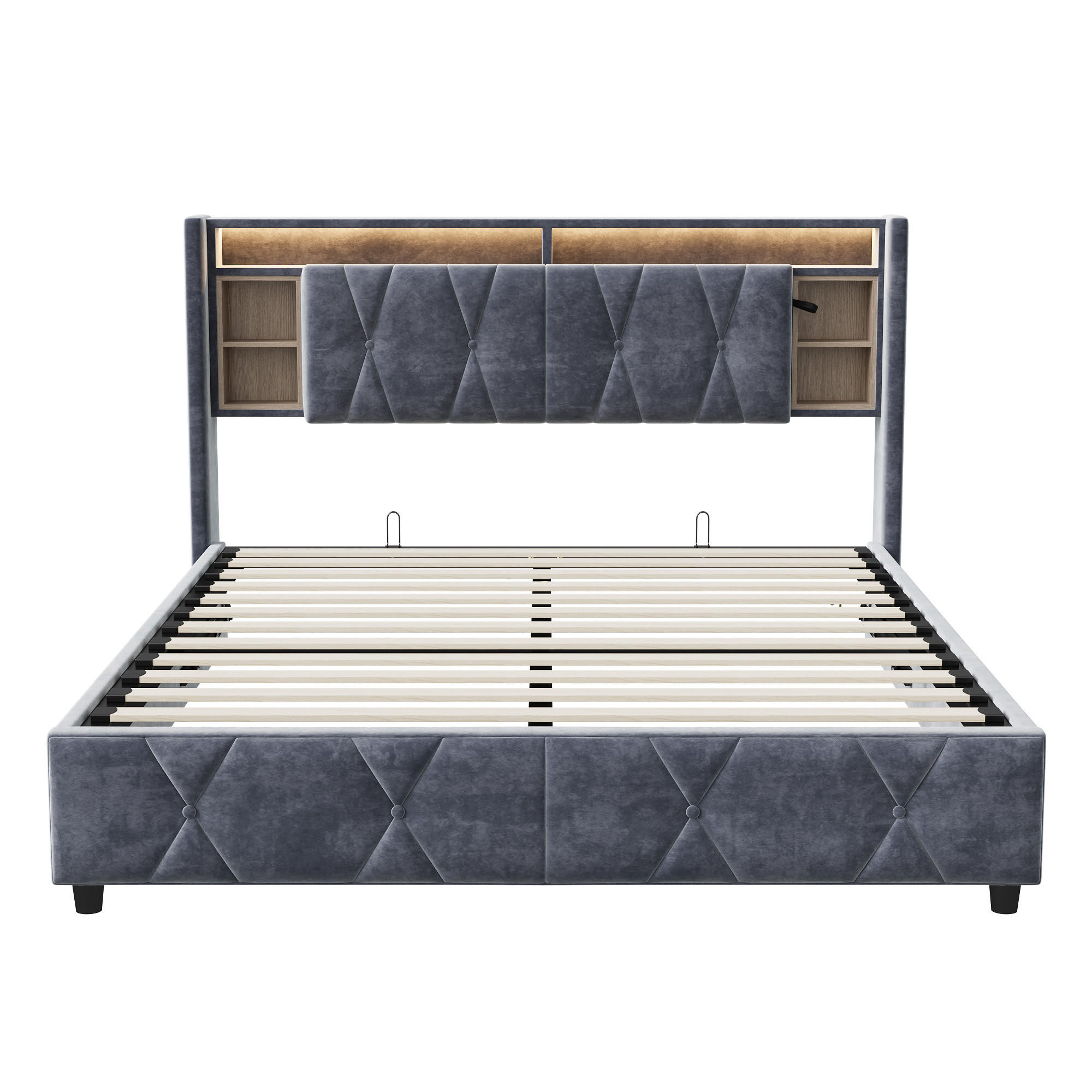 POLSTERBETT 140x200 cm LED Bettkasten USB Samt grau - Grau, Holz (140/200cm) - LEBENLANG