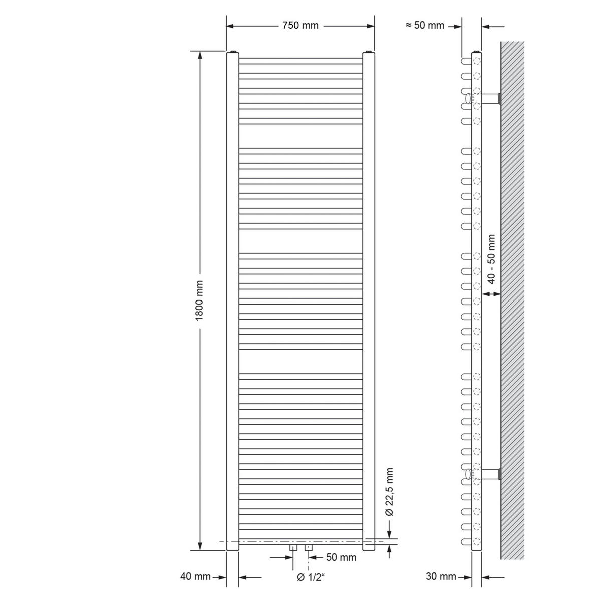 BADHEIZKÖRPER Sahara 750x1800 mm Weiß gebogen mit Mittelanschluss - Weiß, Metall (75/180/5cm) - LuxeBath
