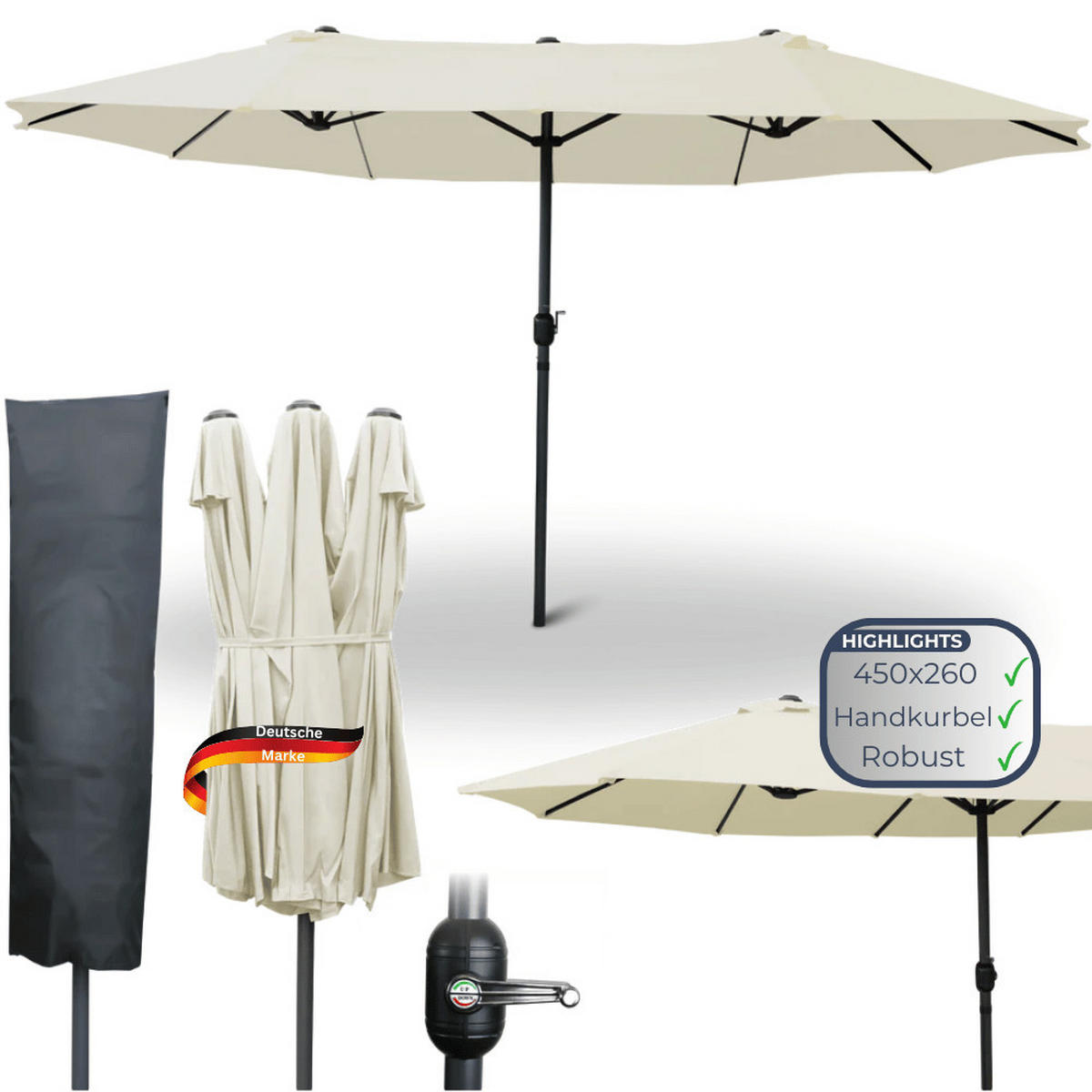 DOPPELSONNENSCHIRM 450x260cm KOGO XXL Sonnenschirm Creme - Creme, Kunststoff (450/260cm) - DELUKE