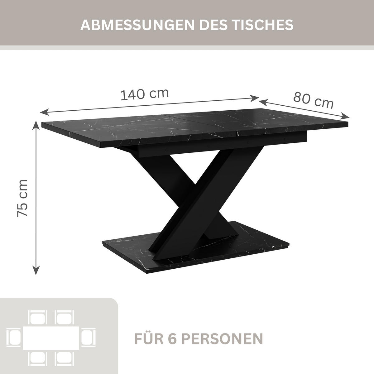 ESSTISCH Royal Schwarz Marmoptik Ausziehbar 140 - 180 cm - Schwarz, Holzwerkstoff (140/80/75cm) - PROSPERO