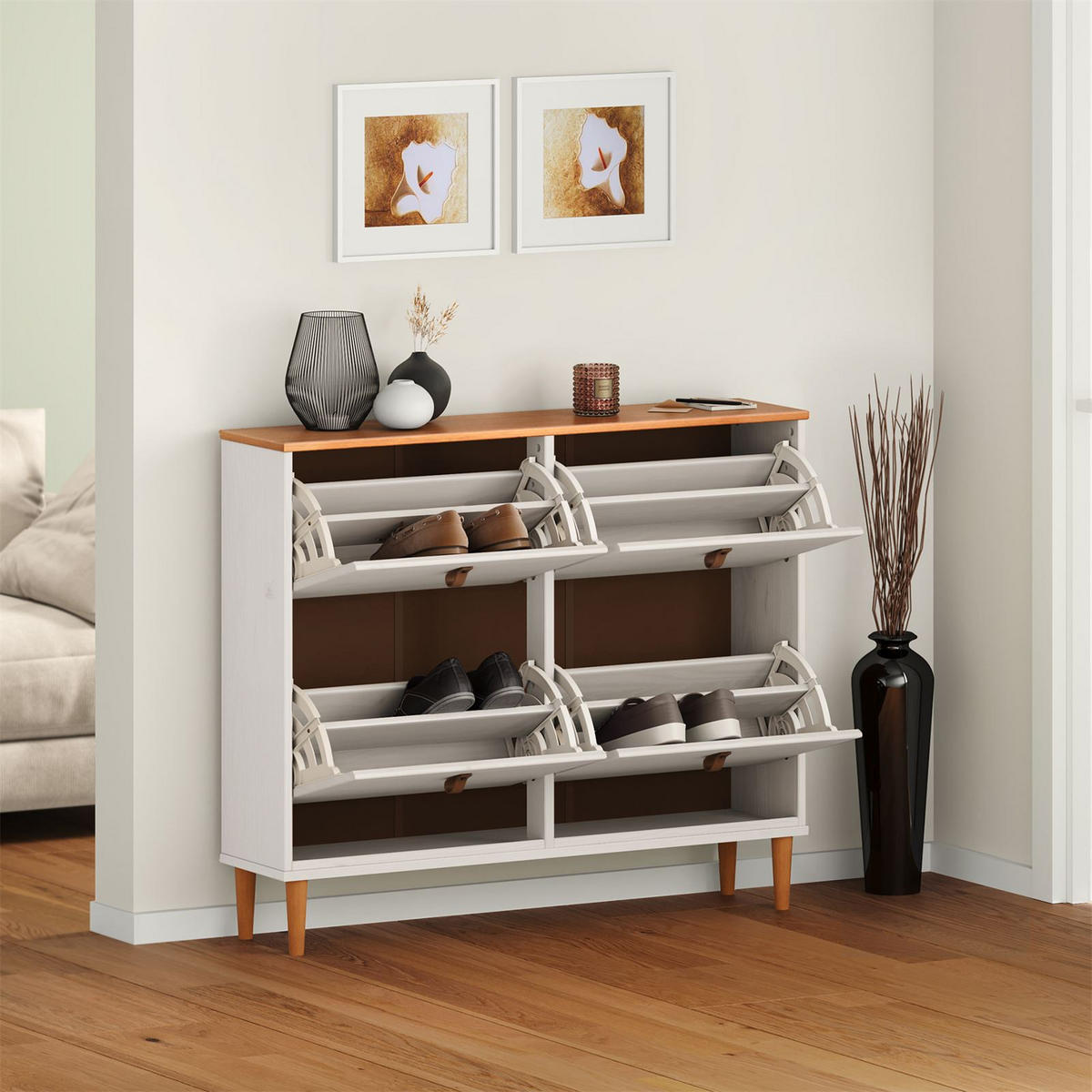 SCHUHKIPPER MIKKA weiß/Eiche - Eichefarben/Weiß, Holz (107/92/25cm) - IDIMEX