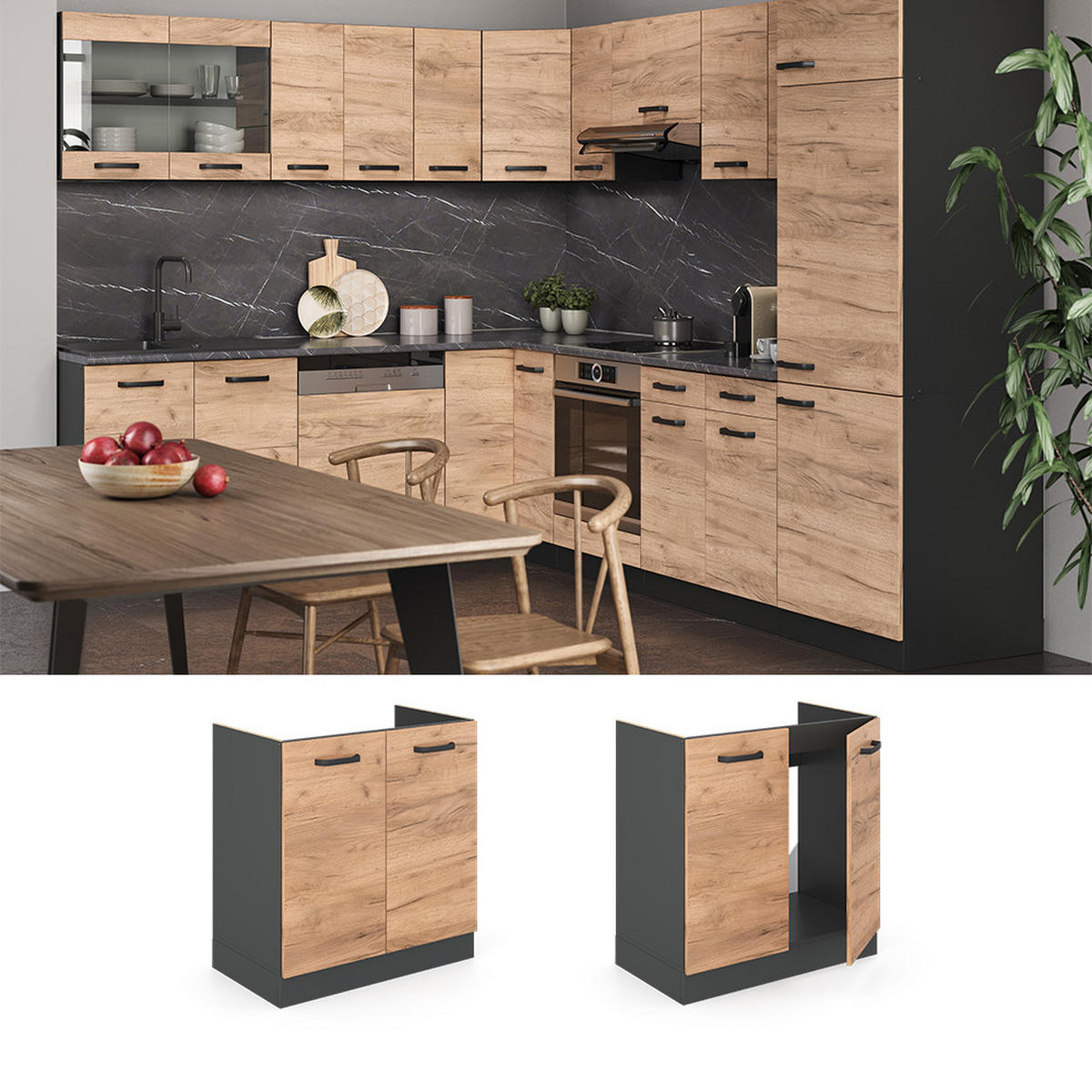 SPÜLENUNTERSCHRANK R-Line Goldkraft Eiche 80 cm ohne AP - Honigeiche/Anthrazit, Holzwerkstoff (80/81.6/46cm) - Vicco