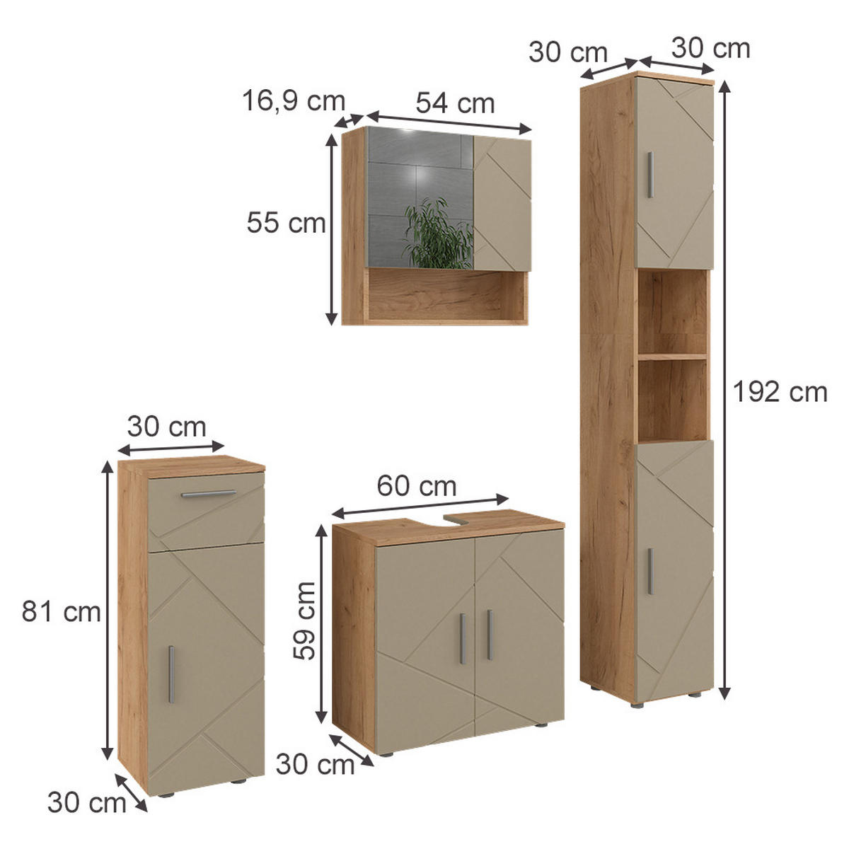 BADMÖBEL-SET Irma Beige 4 Teile - Honigeiche/Beige, Holzwerkstoff (60/59/30cm) - Vicco