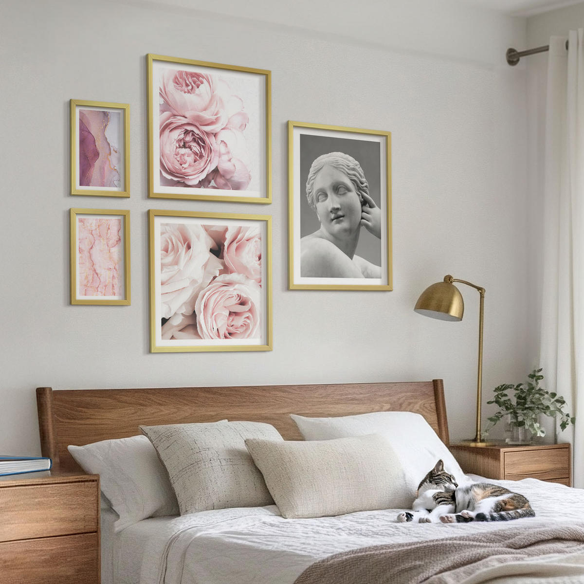 BILDER SET 5er Set - 50x50 cm & 20x30 cm & 40x60 cm Goldrahmen - Pfingstrosenskulptur einer Frau - Goldfarben, Kunststoff (40/60cm) - TULUP