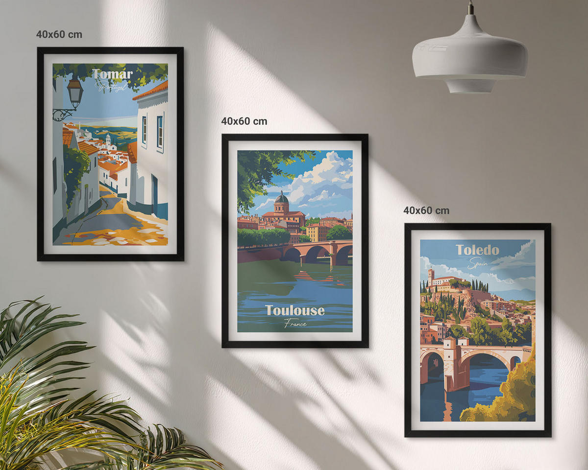 BILDER SET 3er Set - 40x60 cm Schwarzer Rahmen - Retro-Stadtgrafiken - Schwarz, Kunststoff (40/60cm) - TULUP