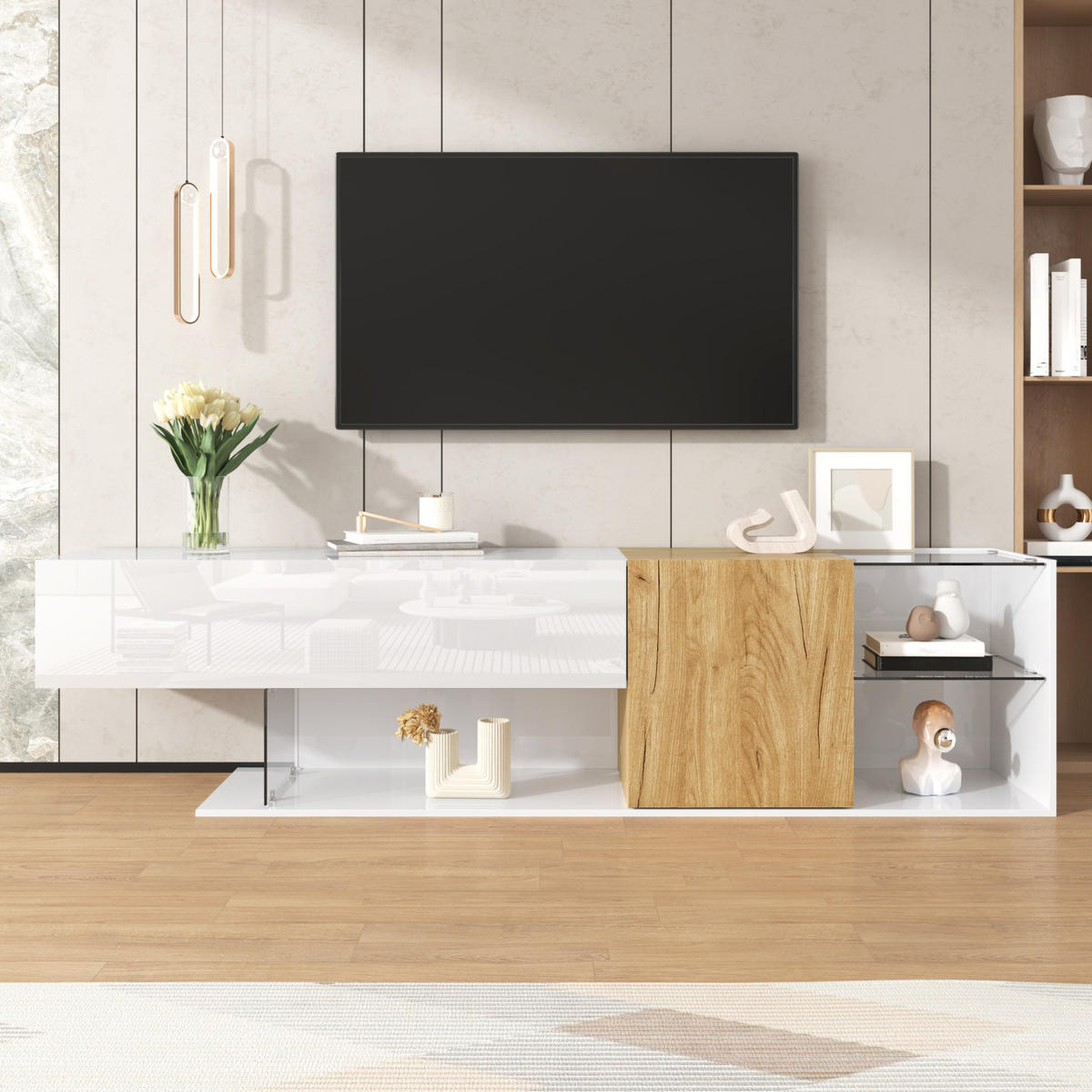 LOWBOARD TV-Kommode 180/38/48 cm aus Spanplatte mit Glasregalen und Stauraum Weiß/Natur - Weiß, Holzwerkstoff (180/48/38cm) - Modenvie
