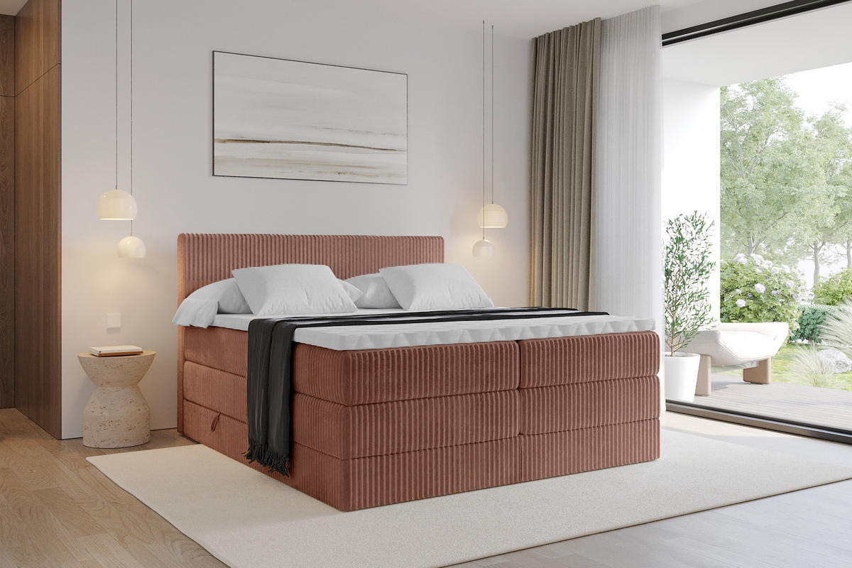 BOXSPRINGBETT mit Matratze H3|H4 und Lattenrost - TOLO KING 200x200 Cord - Ziegelrot - Rostfarben, Holzwerkstoff (200/200cm) - ALTDECOR