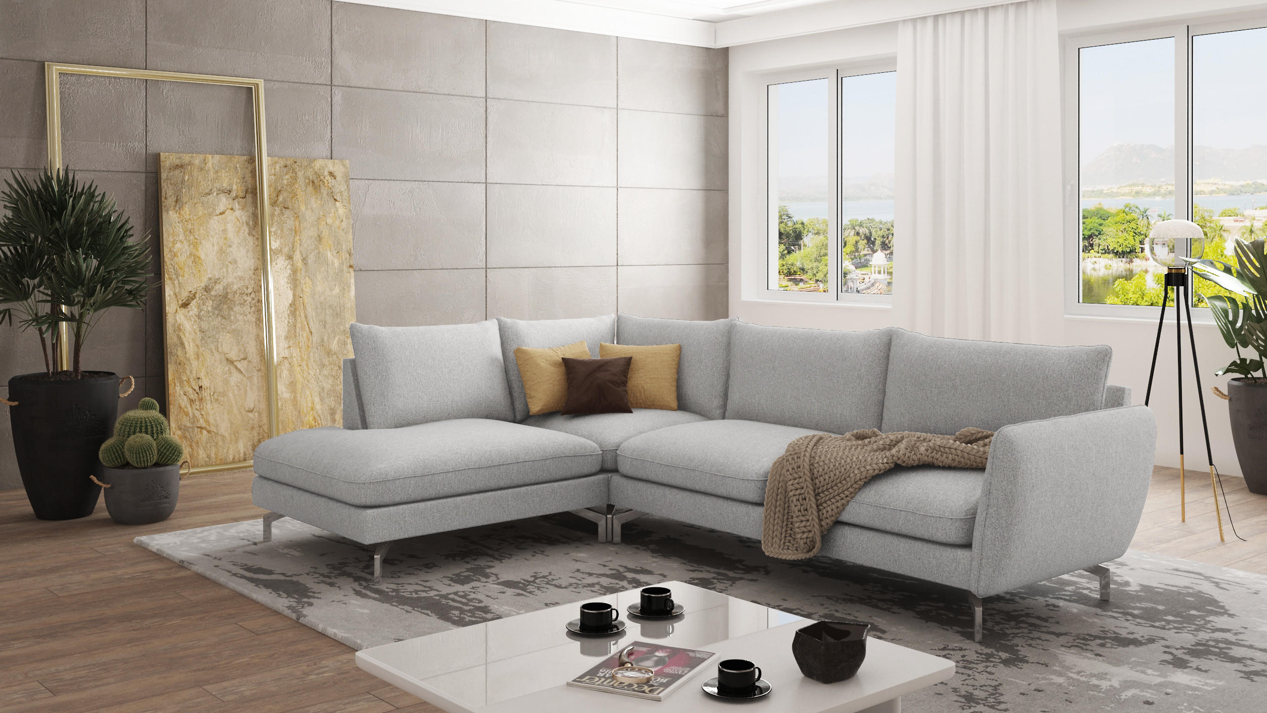 ECKSOFA Elou Silber Microfaser - Chromfarben/Silberfarben, Holz/Textil (277/200cm) - S-Style Möbel