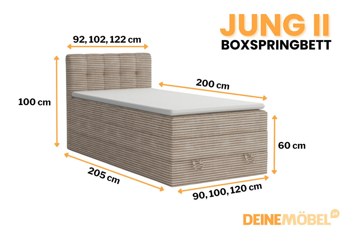 BOXSPRINGBETT JUNG 2 100/200 Cord Beige mit Matratzen H3 + H4 - Beige, Holz/Holzwerkstoff (100/200cm) - Deine Möbel 24