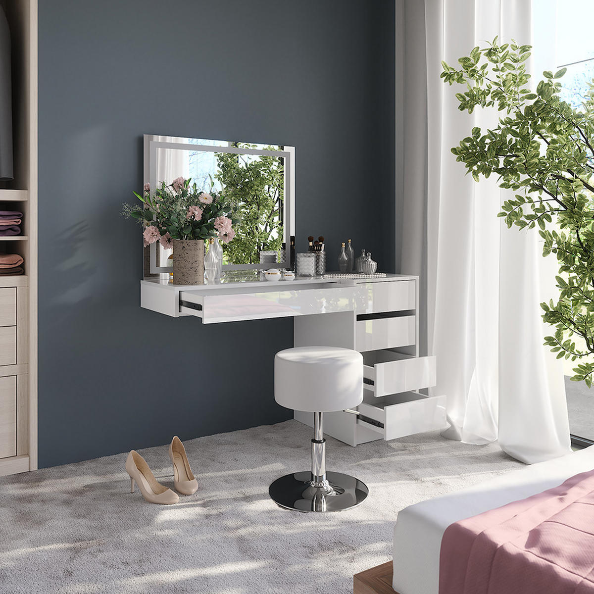 SCHMINKTISCH Sherry Weiß/Weiß Hochglanz 120 cm 4 Teile - Weiß Hochglanz, Holzwerkstoff (120/76/50.1cm) - Vicco