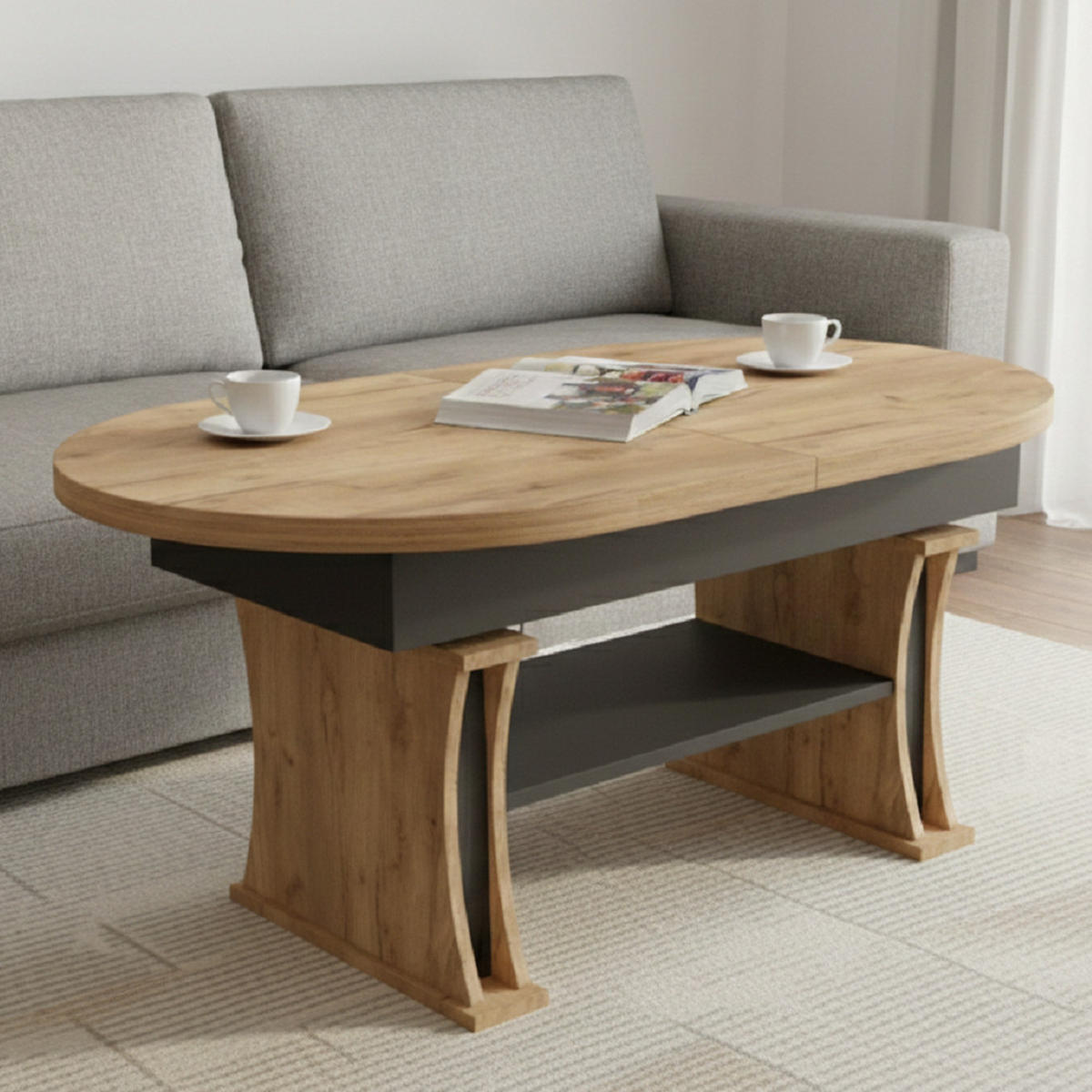 COUCHTISCH oval ausziehbar höhenverstellbar Ablage 130/80/60 cm - Eichefarben/Schwarz, Holzwerkstoff (80/130/60cm) - designimpex