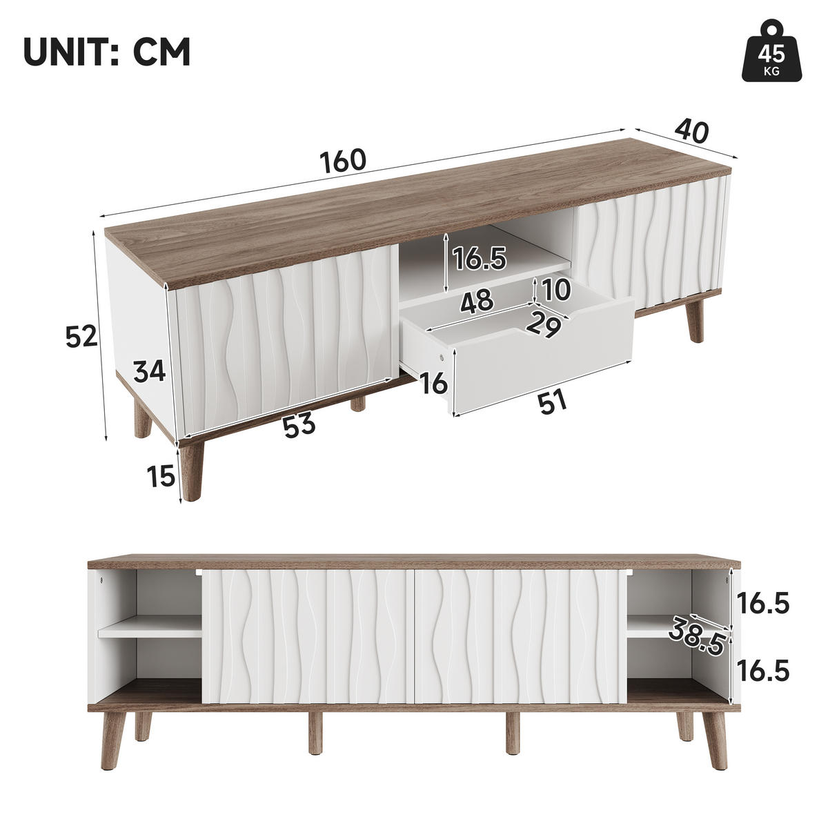 TV-LOWBOARD Weiß-Walnussfarben 160/40/52 cm - Weiß, Holzwerkstoff (160/52/40cm) - PANGIVO