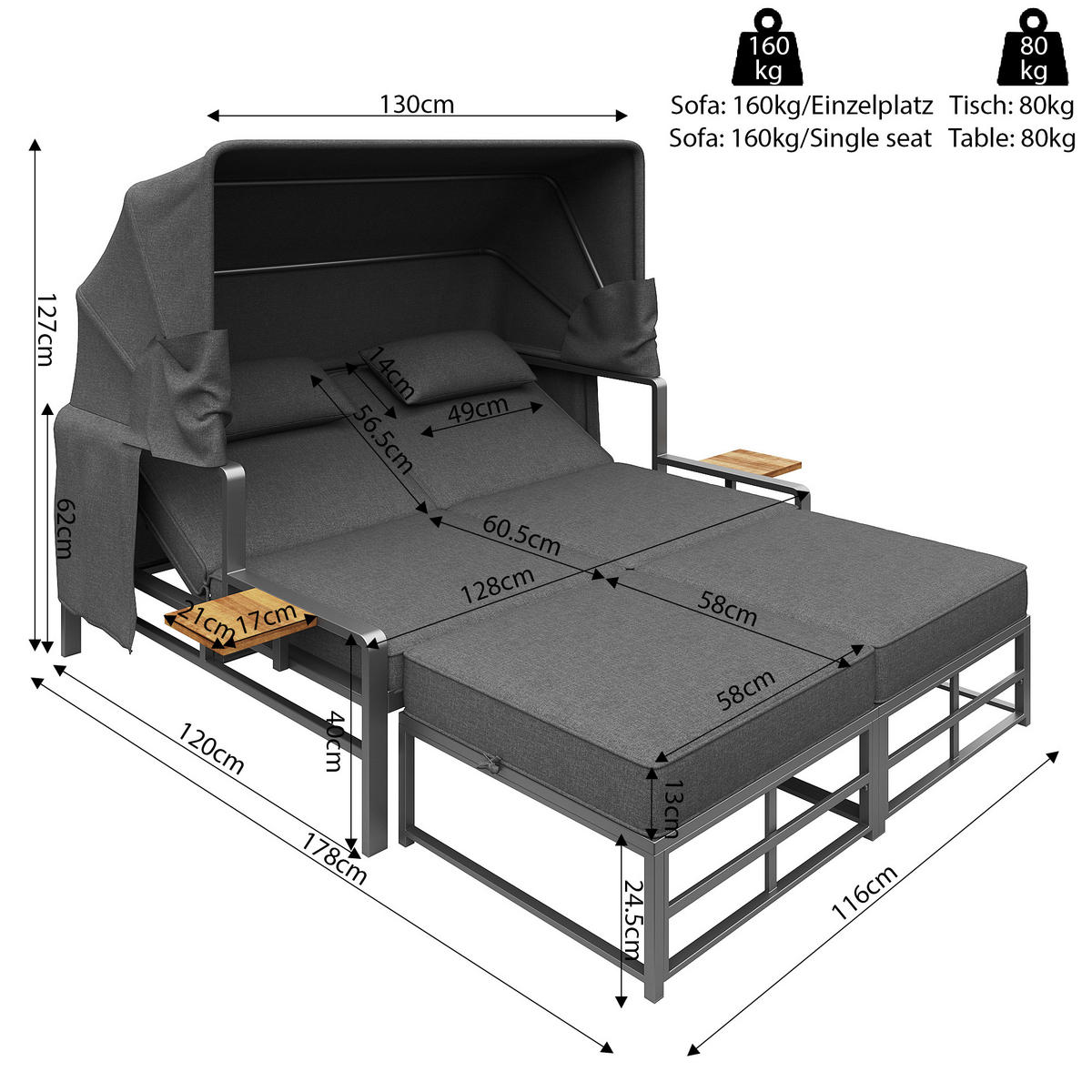 SONNENLIEGE 2-4 Personen Mit Faltbarem Sonnendach - Dunkelgrau, Metall (130/127/178cm) - FLIEKS