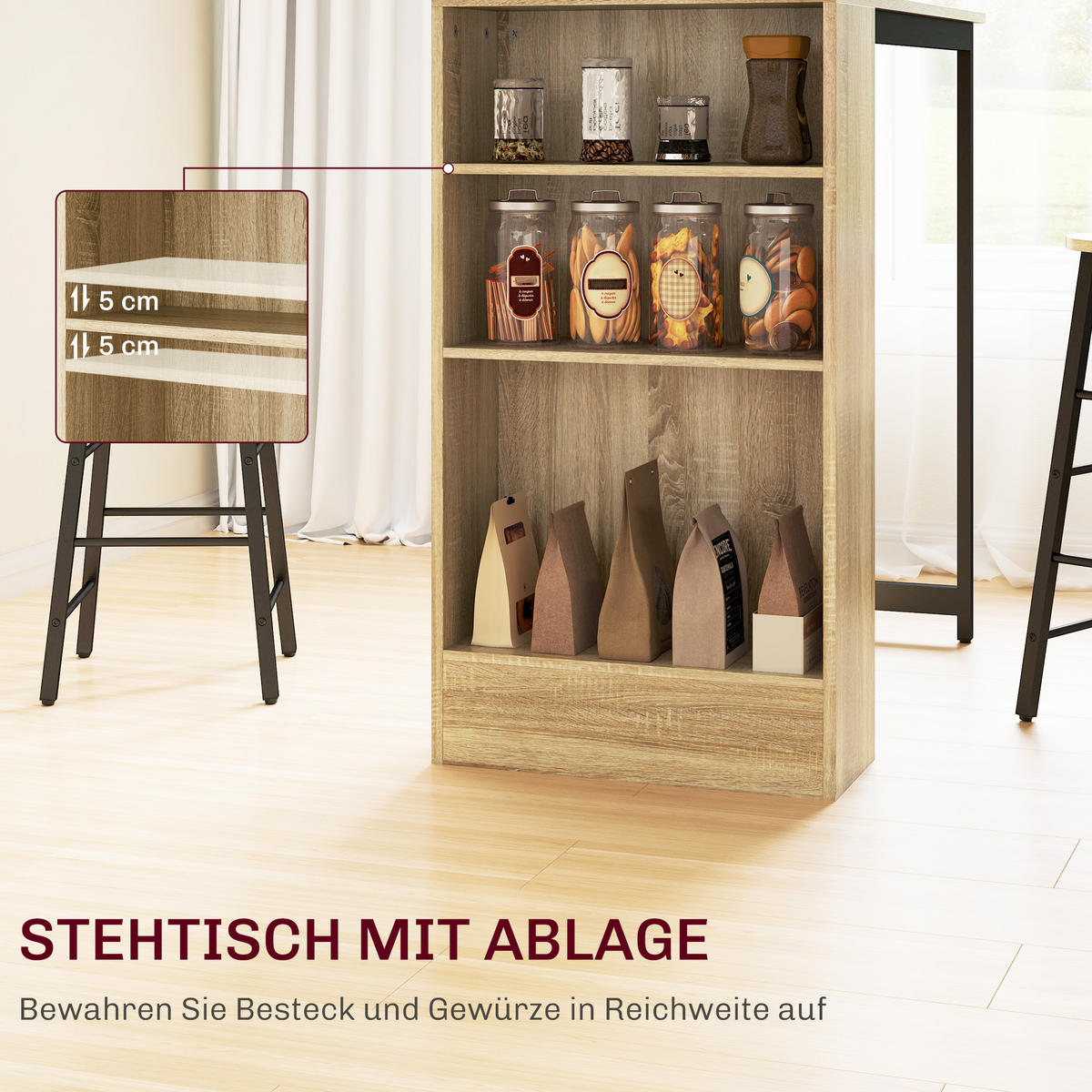 BARTISCH mit Barhocker Set, 3-tlg. Bartisch-Set mit Küchentisch, Stauraum - Multicolor, Metall (49/91/91cm) - HOMCOM