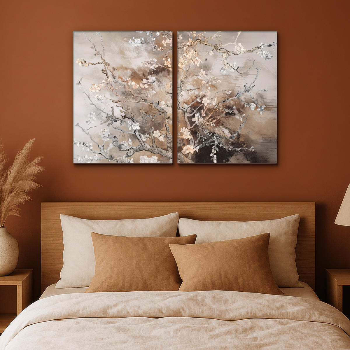 LEINWANDBILD 2er Set Mandelblüte - Abstrakt - Beige 120x80 cm - Beige, Textil (120/80cm) - MuchoWow
