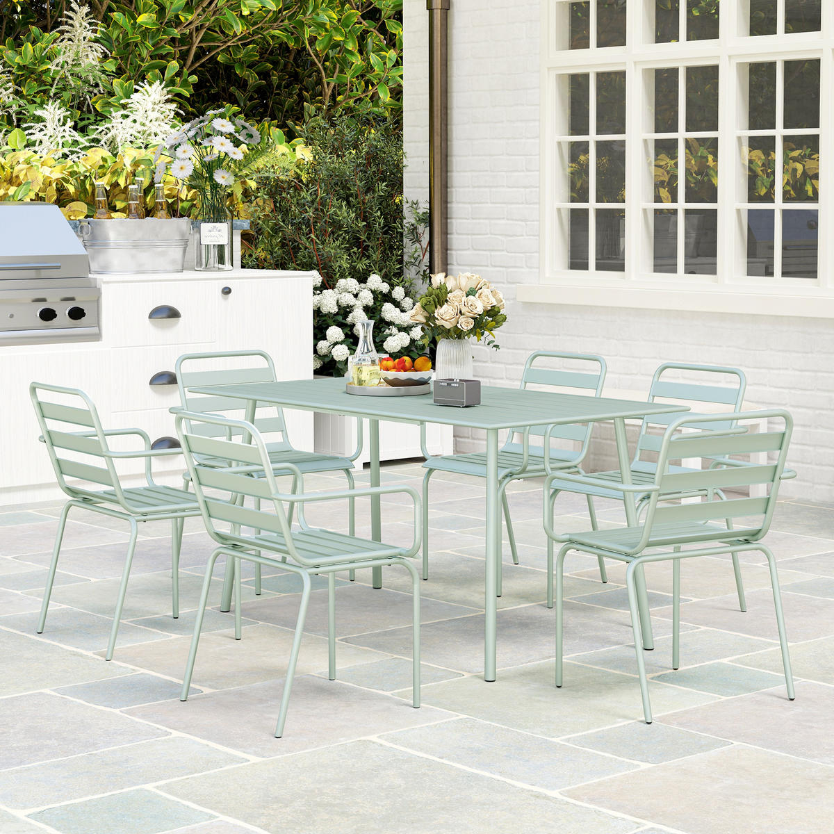 GARTENTISCHGRUPPE DE-18097 7-teilig, stapelbar Hellgrün - Grün, Metall - ComfortXL