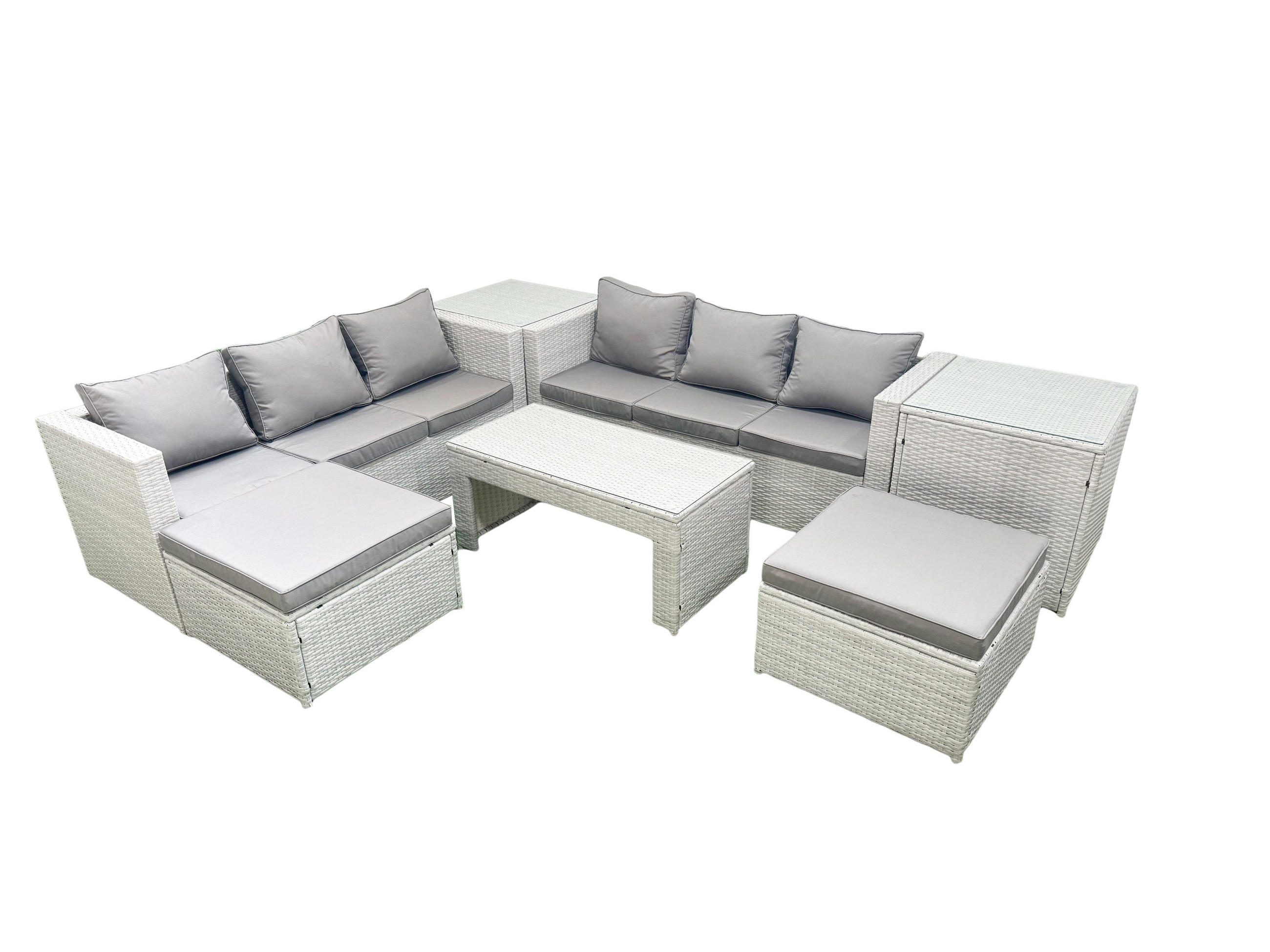 GARTENSOFA hohe Rückenlehne Polyrattan Hellgrau-Mix 8-Sitzer - Hellgrau/Grau, Glas/Kunststoff - Fimous