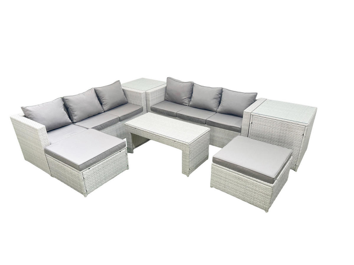 GARTENSOFA hohe Rückenlehne Polyrattan Hellgrau-Mix 8-Sitzer - Hellgrau/Grau, Glas/Kunststoff - Fimous