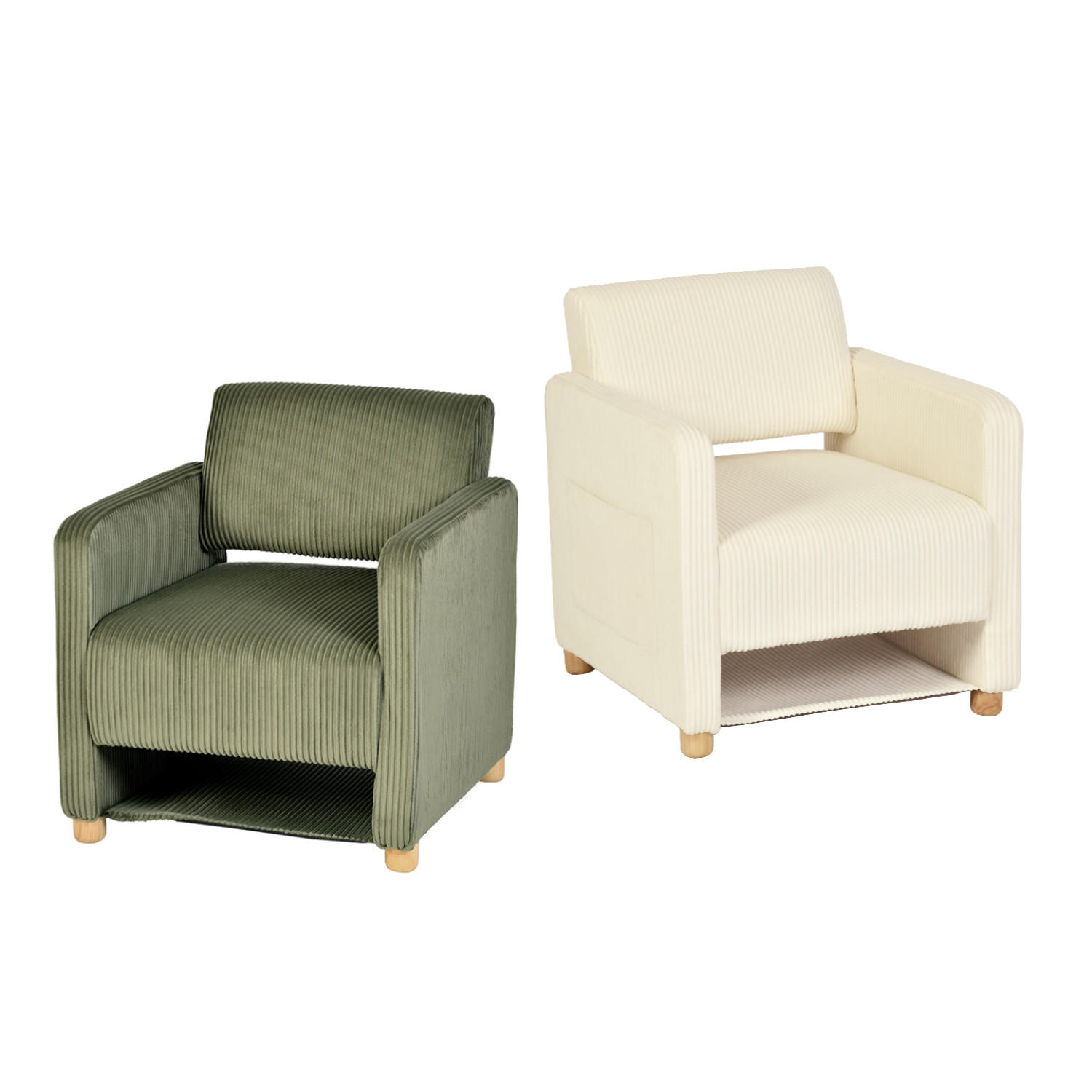 SESSEL, 2er-Set, mit Armlehnen, Cordbezug und Massivholzfüßen, Beige und Grün - Beige/Grün, Holz (66/76.5/73.5cm) - Meubles Cosy