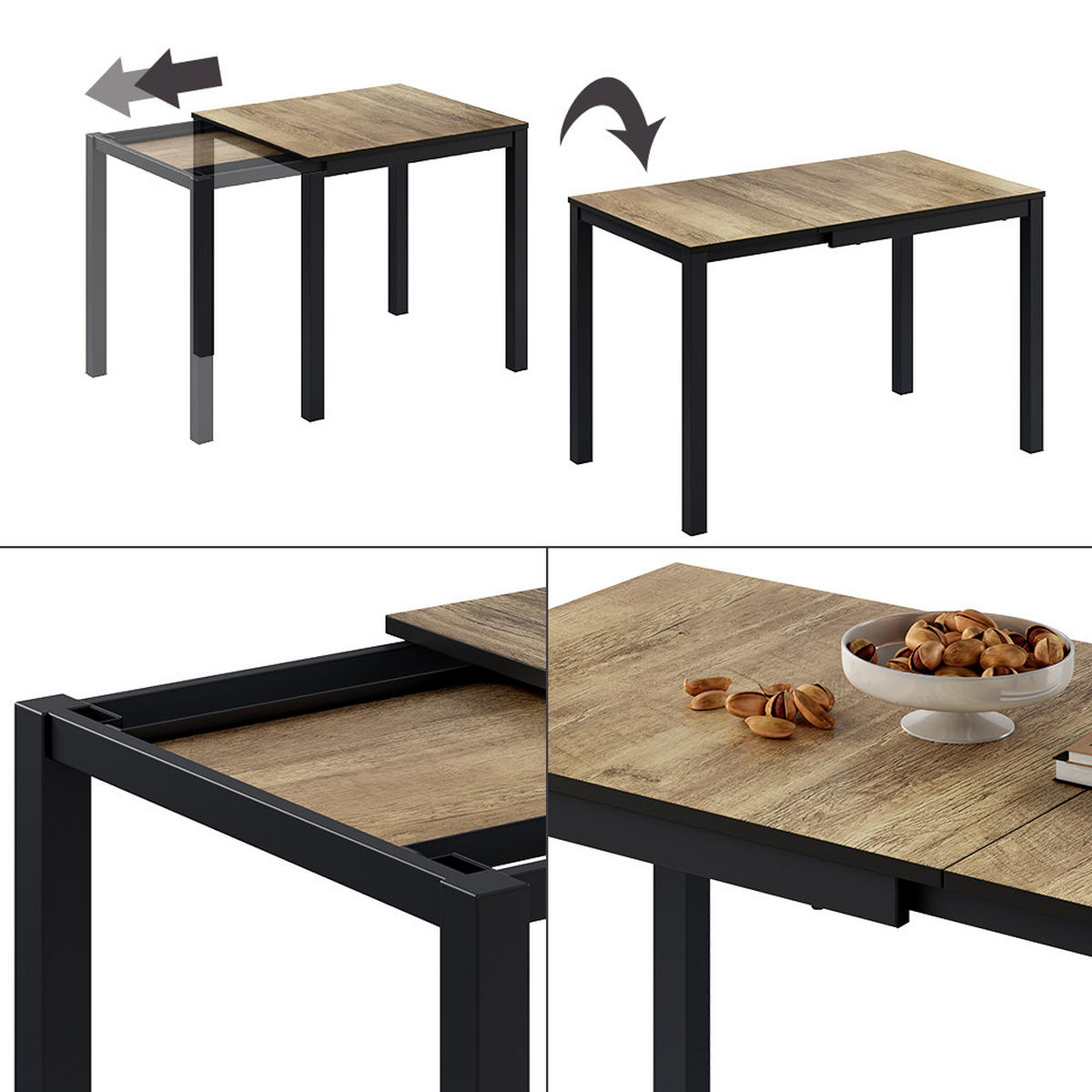 ESSTISCH Granny Eiche rustikal/Anthrazit 120 x 70 cm ausziehbar - Alteiche/Anthrazit, Holzwerkstoff (70/120/76cm) - Vicco