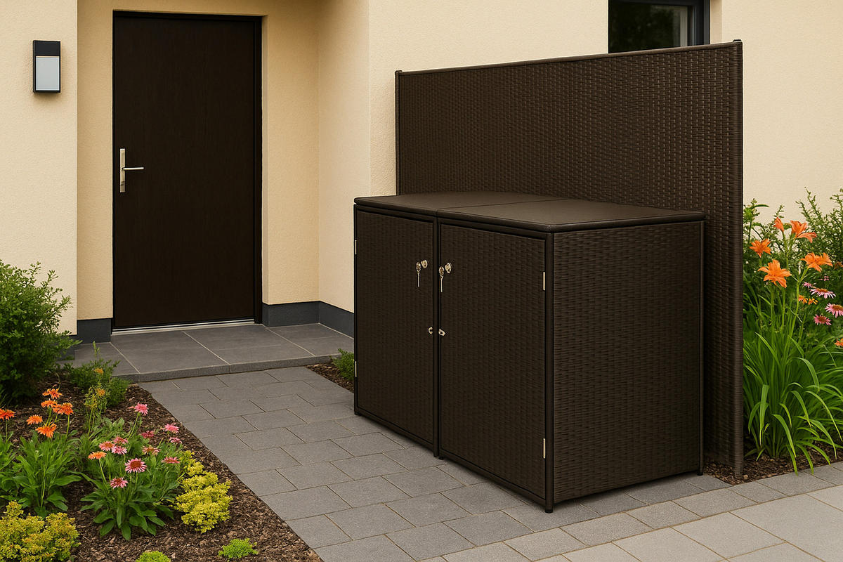 MÜLLTONNENBOX Belfast für 2 Tonnen bis 240L - Mülltonnenverkleidung aus Metall und Polyrattan mocca. BxTxH: 150x78x123 cm - Braun, Metall (150/123/78cm) - TPFGarden